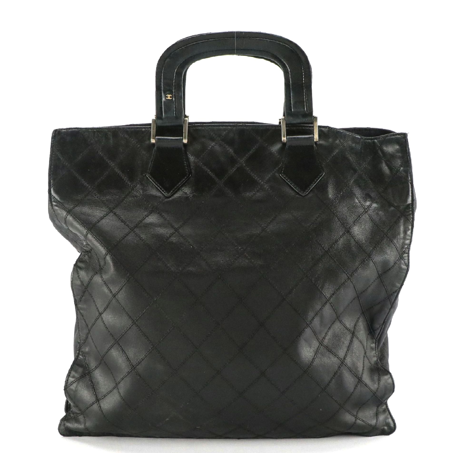 Chanel Vintage Top Handle Bag in Black Diamond-Stitched Lambskin Leather
