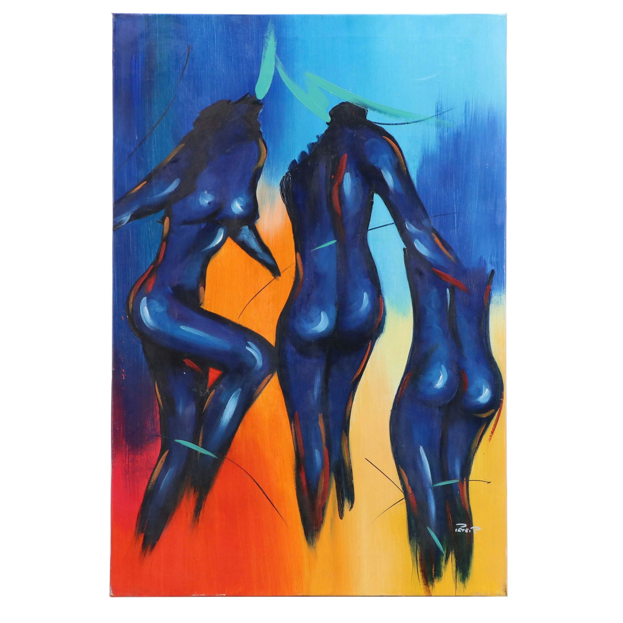 Figurative Acrylic Painting of Blue Nudes
