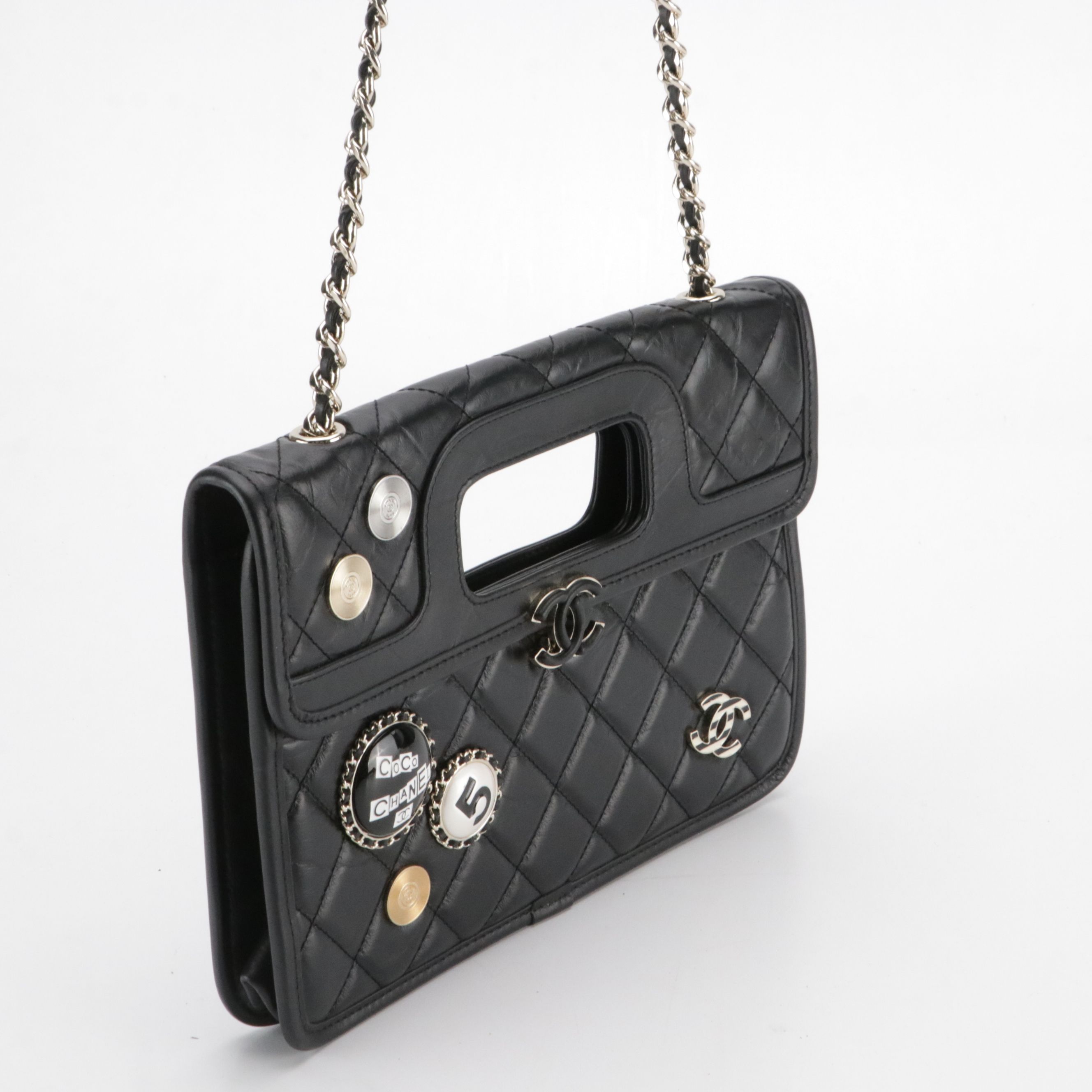 Chanel Lucky Charms Chain Strap Flap Clutch in Black Quilted Calfskin Leather