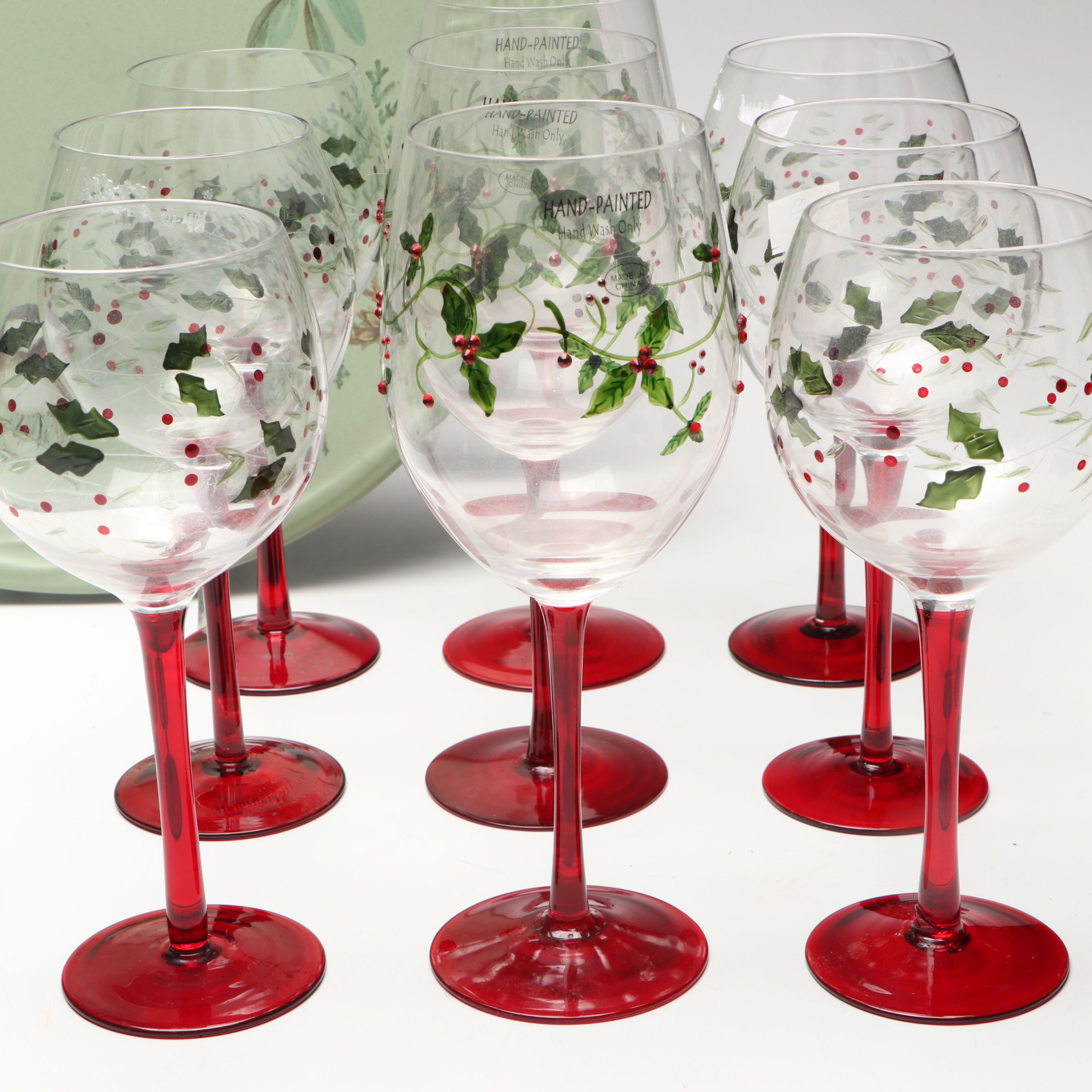 Pfaltzgraff "Winterberry" Ceramic Serveware with Wine Glasses