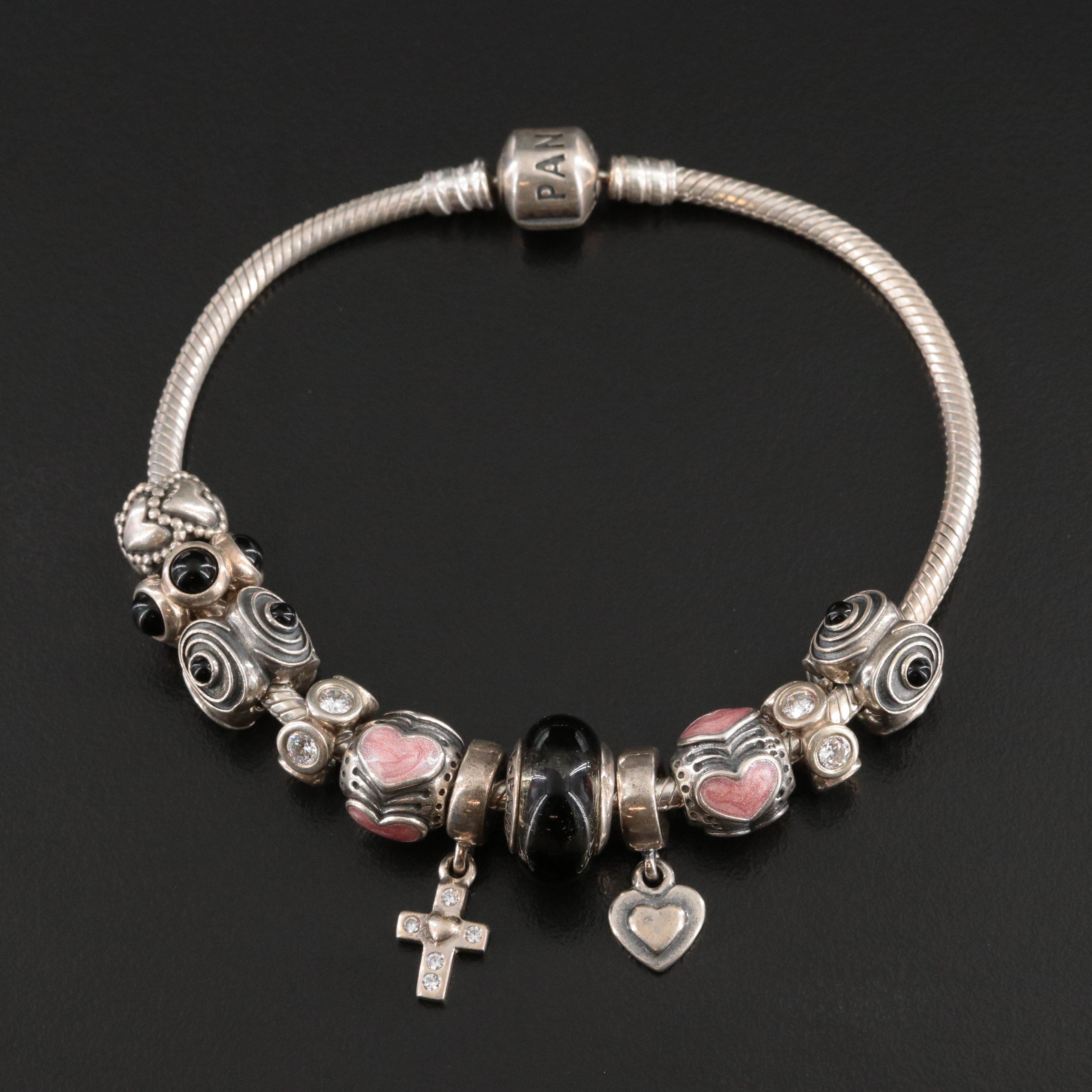 Pandora Sterling Bracelet with Beads, Black Onyx, Enamel and CZ