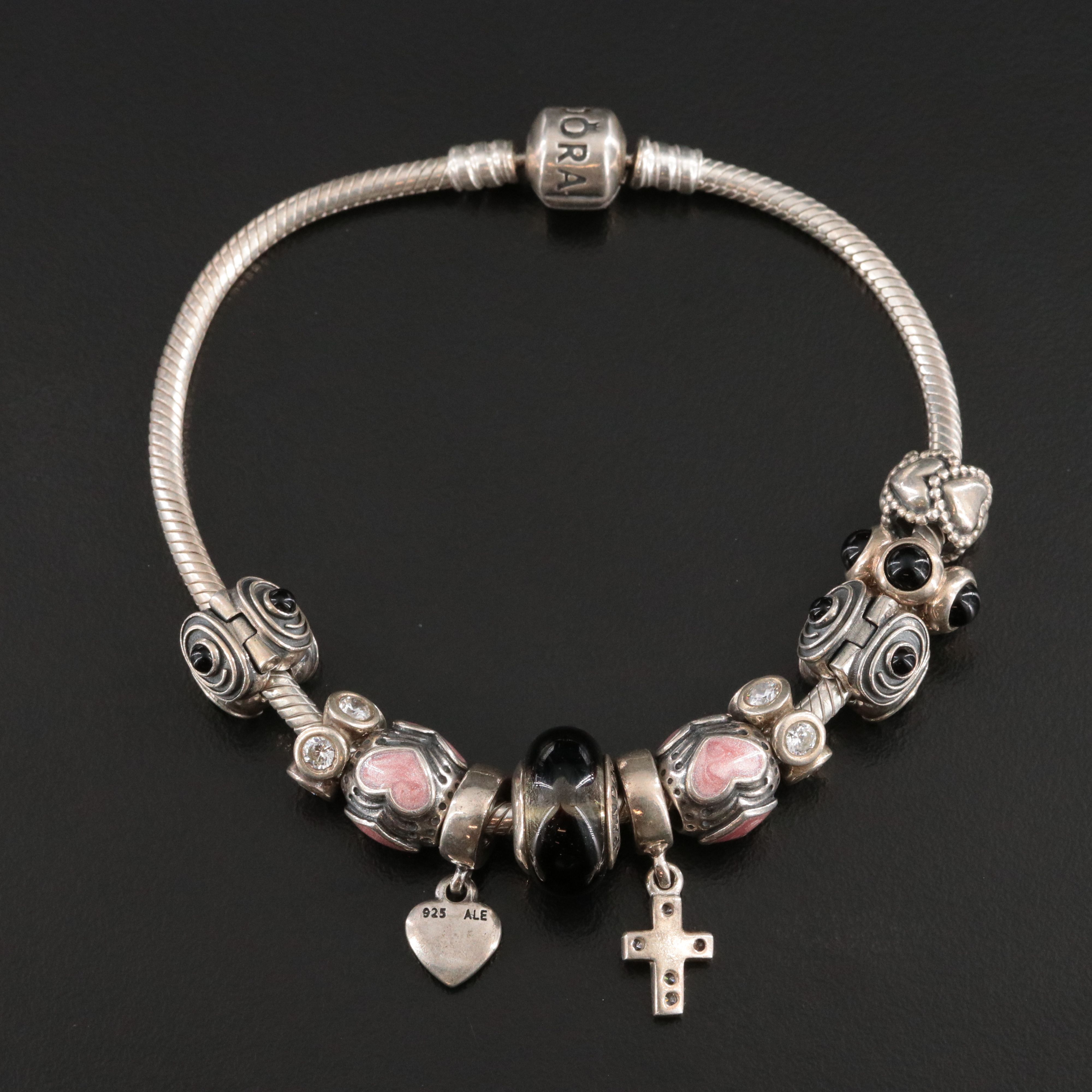 Pandora Sterling Bracelet with Beads, Black Onyx, Enamel and CZ