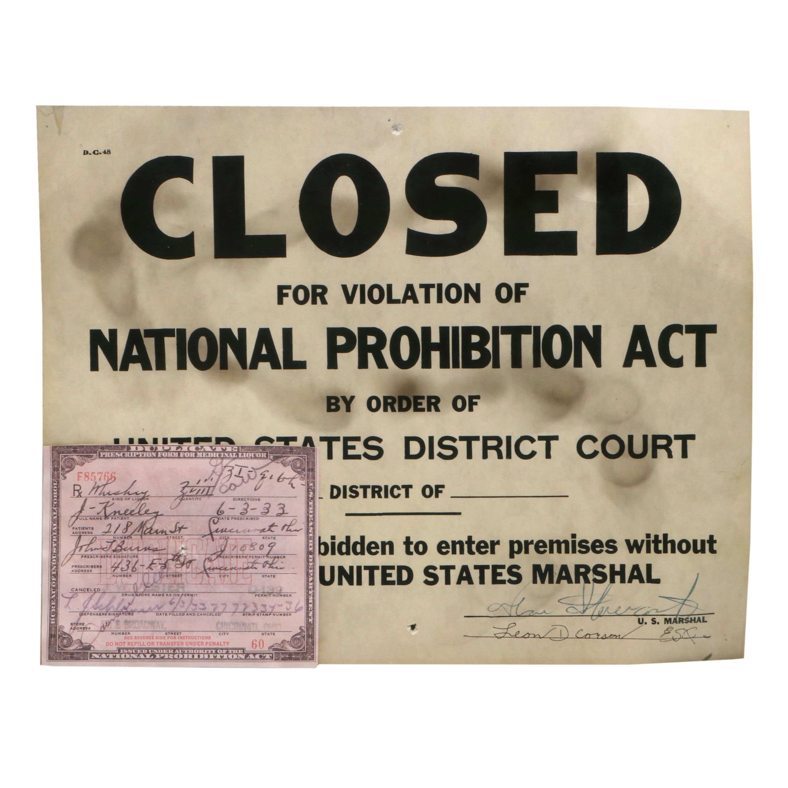 Prohibition Style Whisky Prescription Form with Reproduction Sign