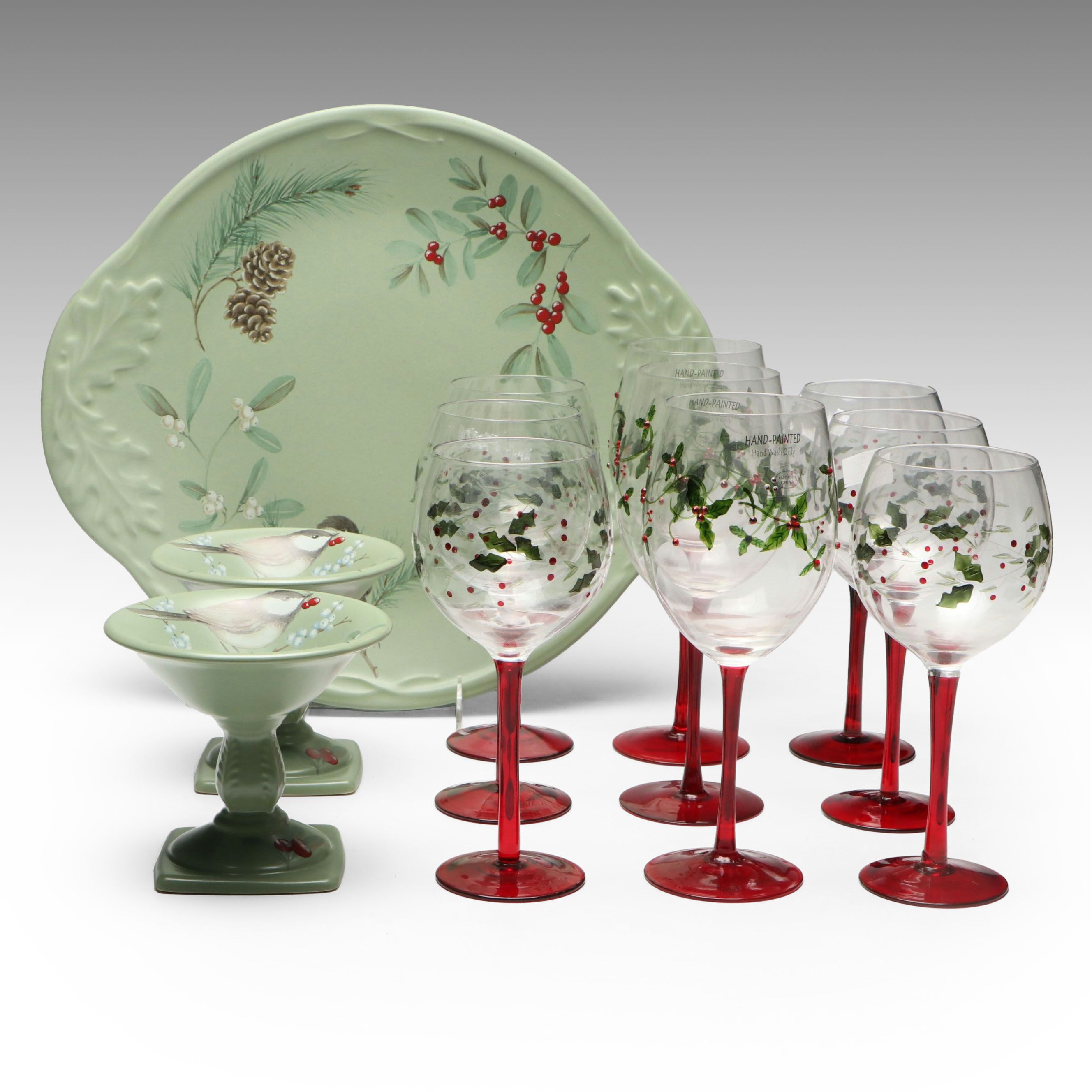 Pfaltzgraff "Winterberry" Ceramic Serveware with Wine Glasses