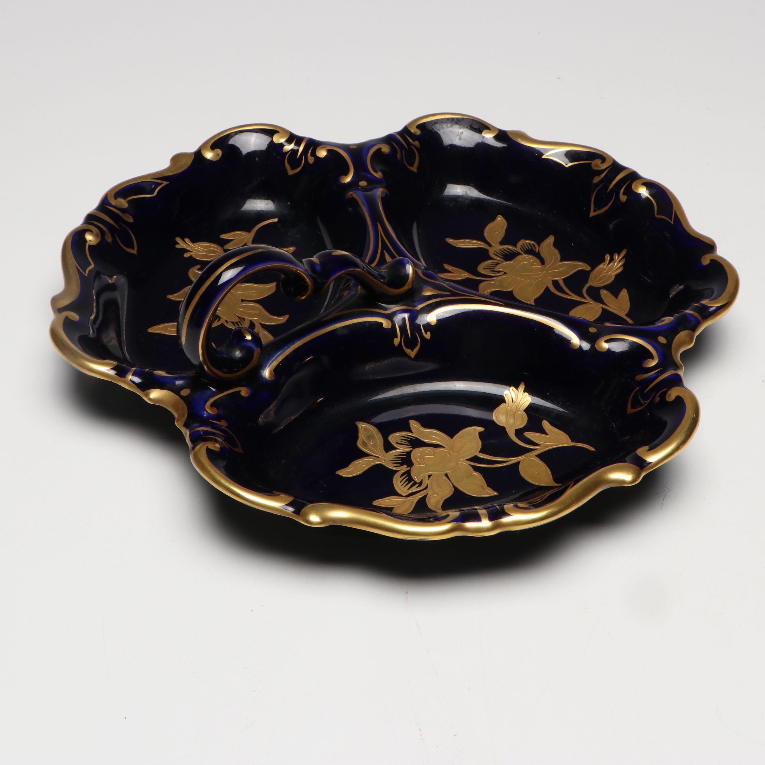 Graf Von Henneberg Handled Relish Tray with More Cobalt and Gilt Porcelain