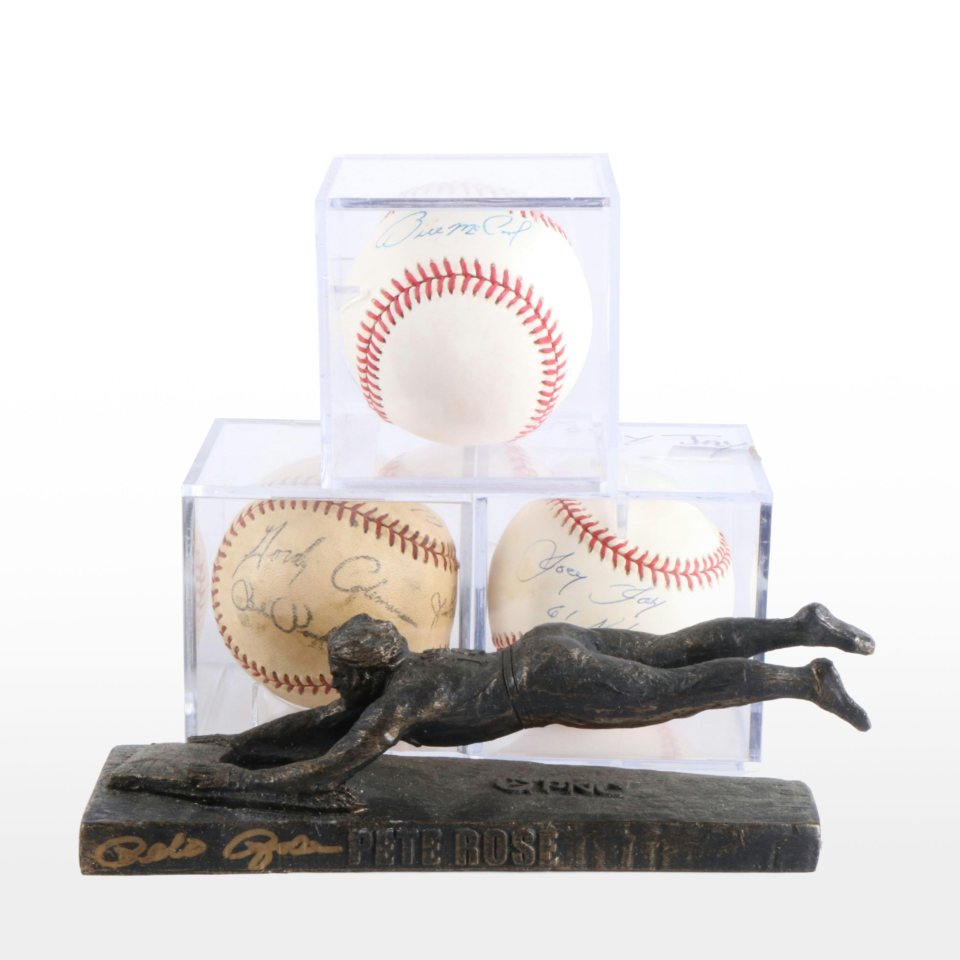 Pete Rose Signed Statue, 1961 Reds Team Baseball, Two Signed Reds Baseballs