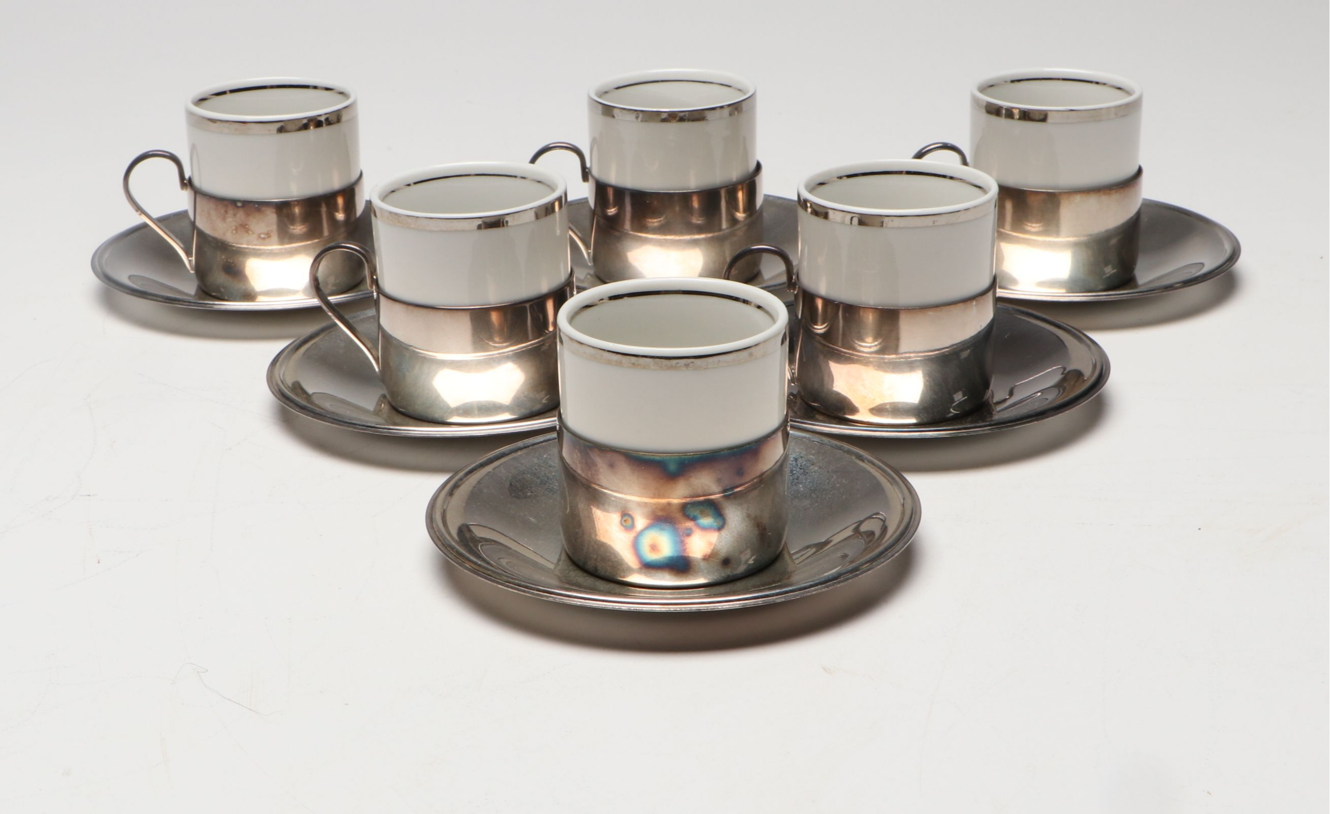 Brazilian Metal and Porcelain Demitasse Cups and Silver Plate Spoons