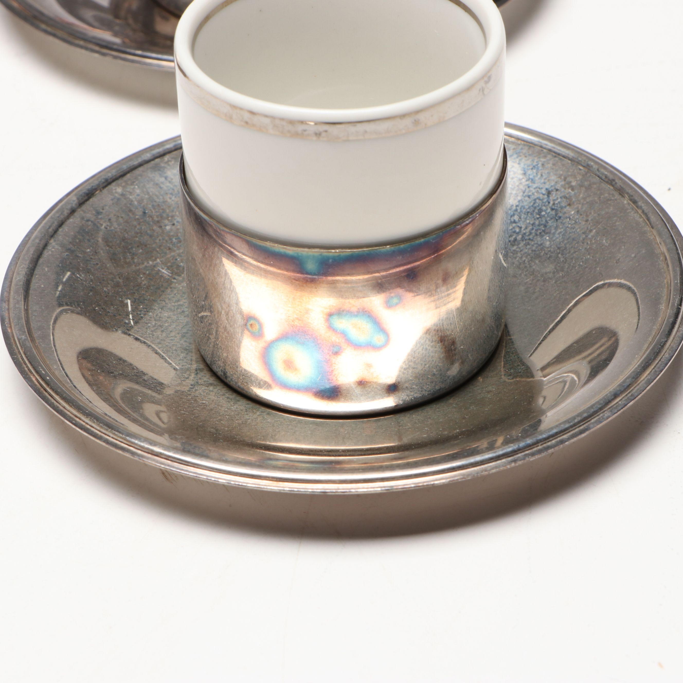 Brazilian Metal and Porcelain Demitasse Cups and Silver Plate Spoons