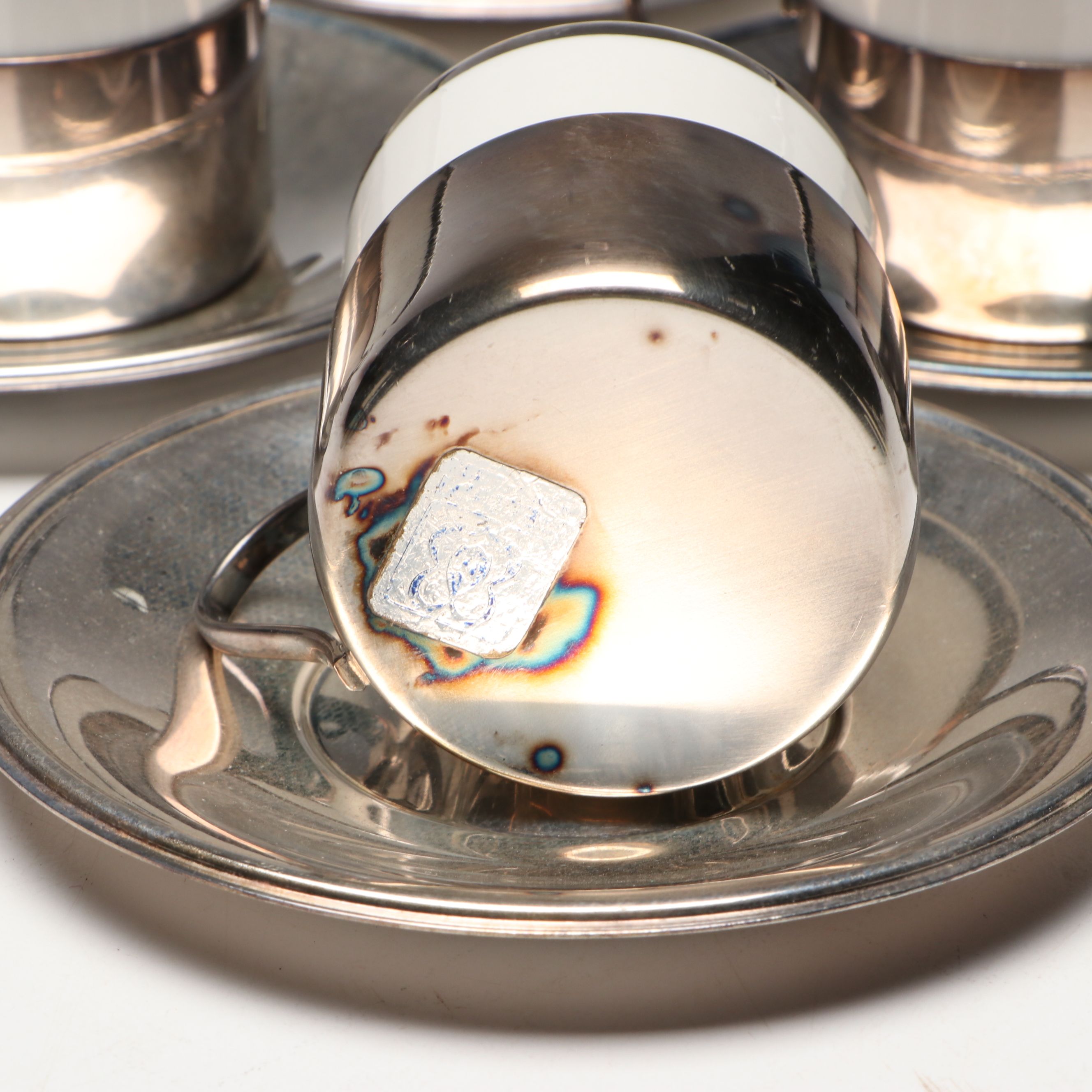 Brazilian Metal and Porcelain Demitasse Cups and Silver Plate Spoons