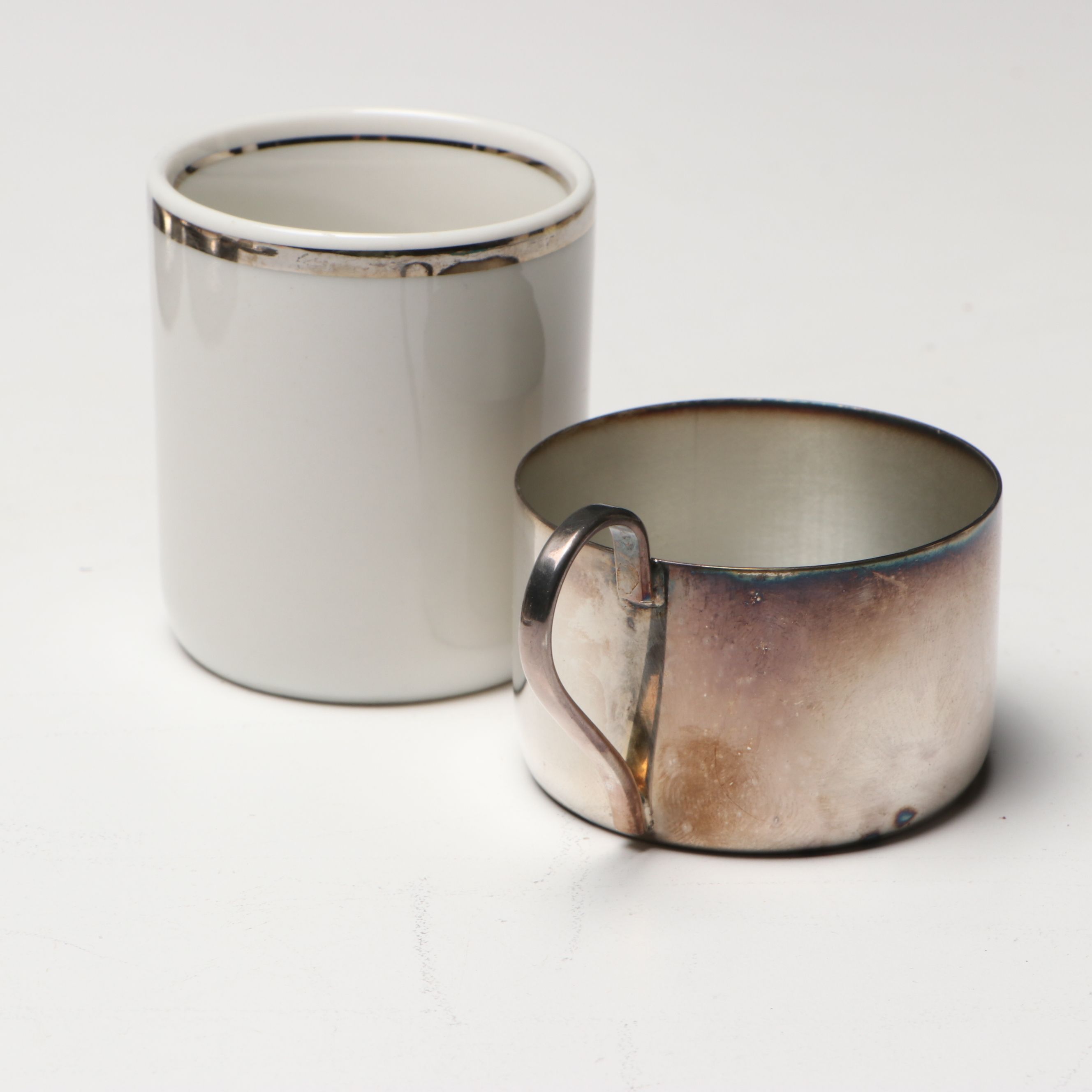 Brazilian Metal and Porcelain Demitasse Cups and Silver Plate Spoons