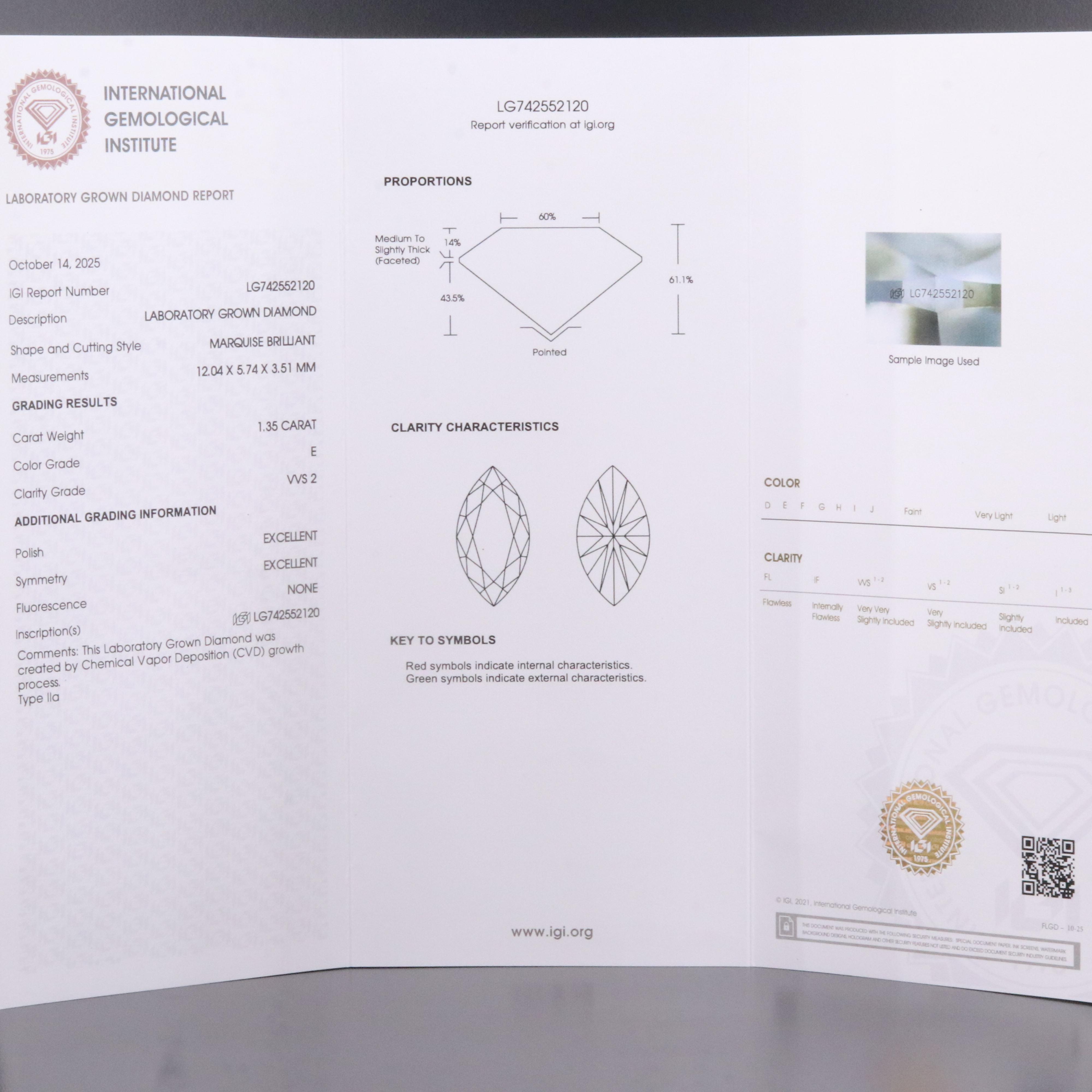 Loose 1.35 CT Lab Grown Diamond with IGI Report