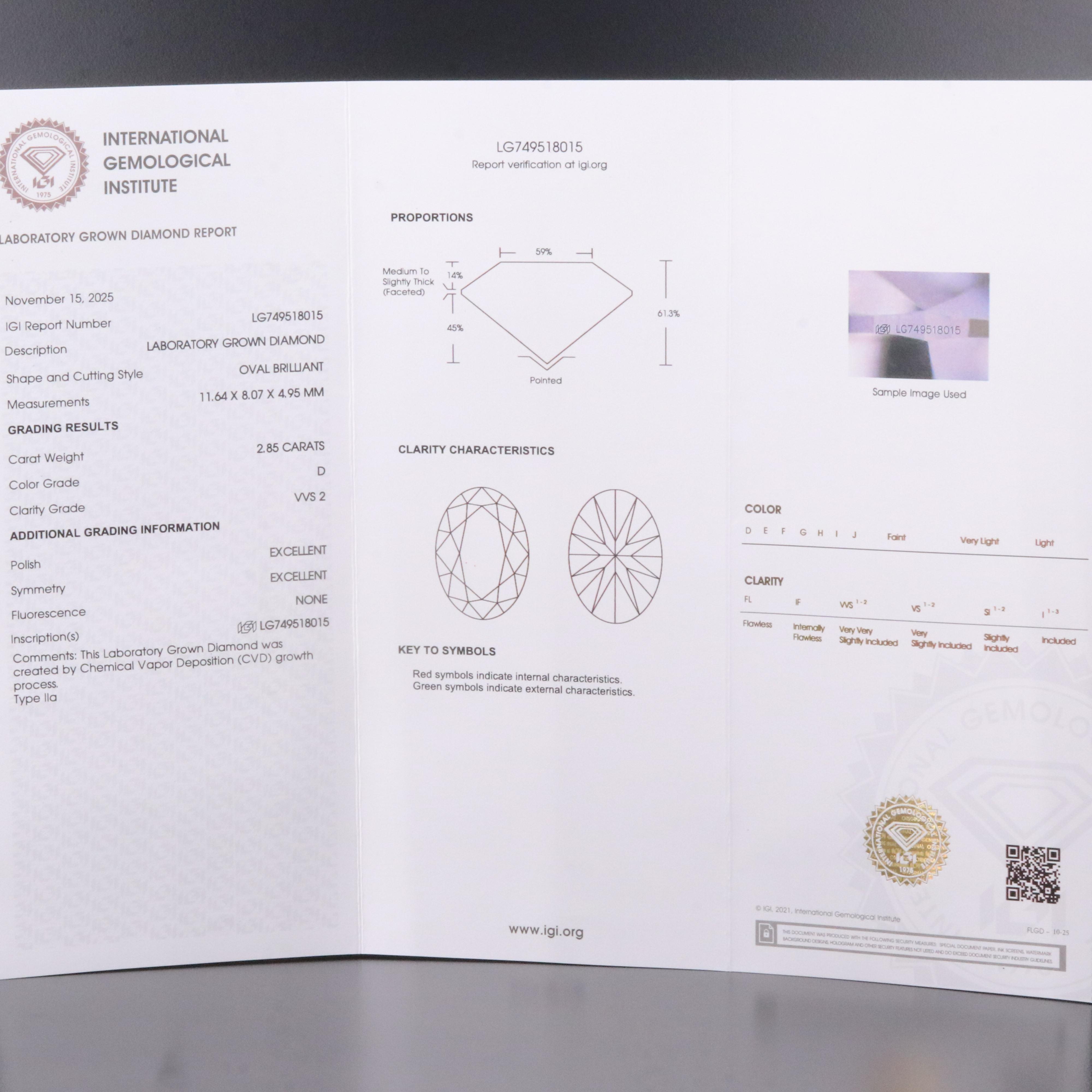Loose 2.85 CT Lab Grown Diamond with IGI Report