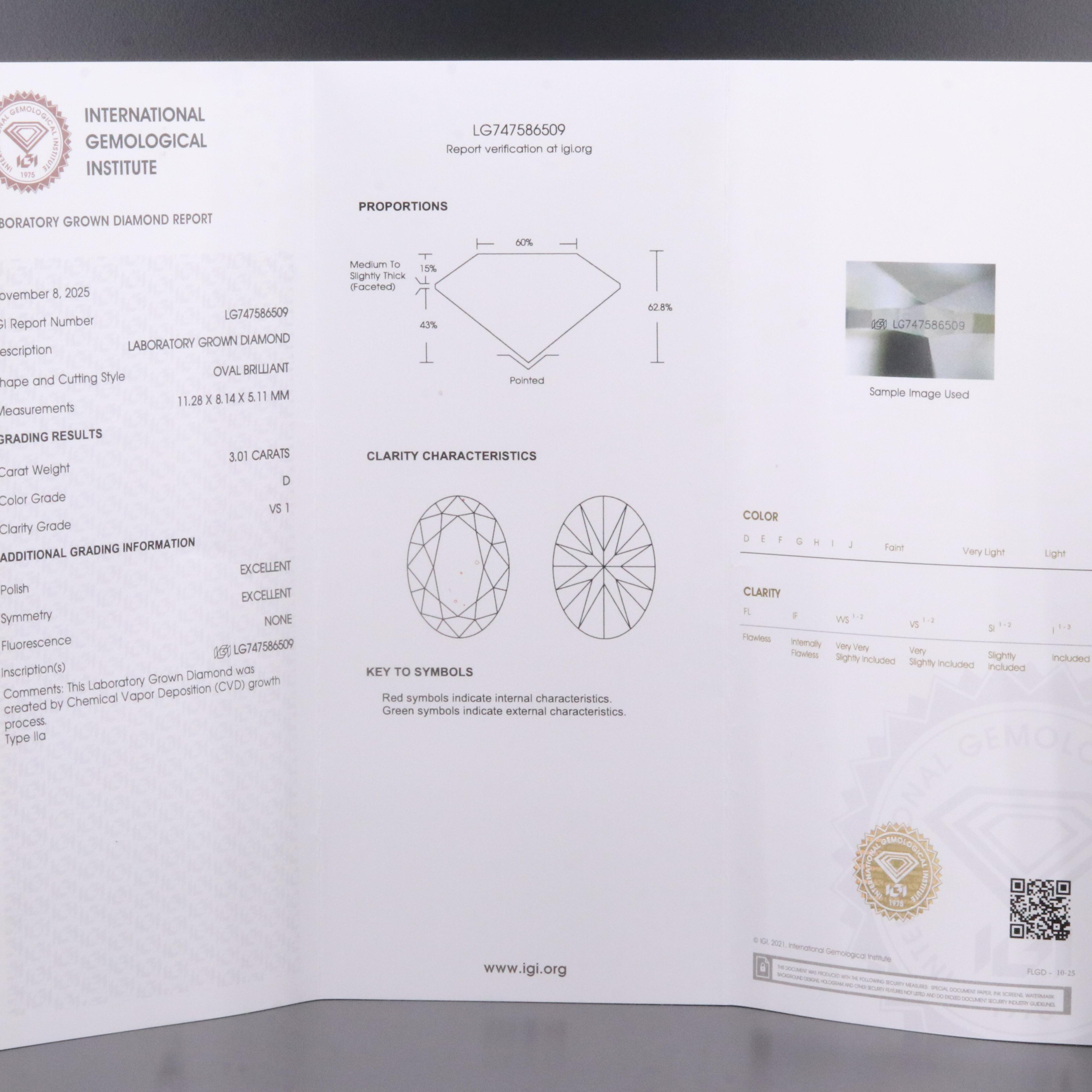 Loose 3.01 CT Lab Grown Diamond with IGI Report