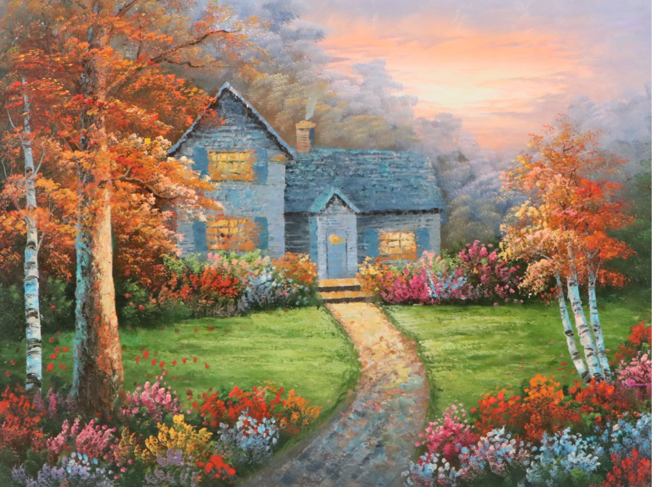 Oil Painting of Cozy Woodland Cottage, 21st Century