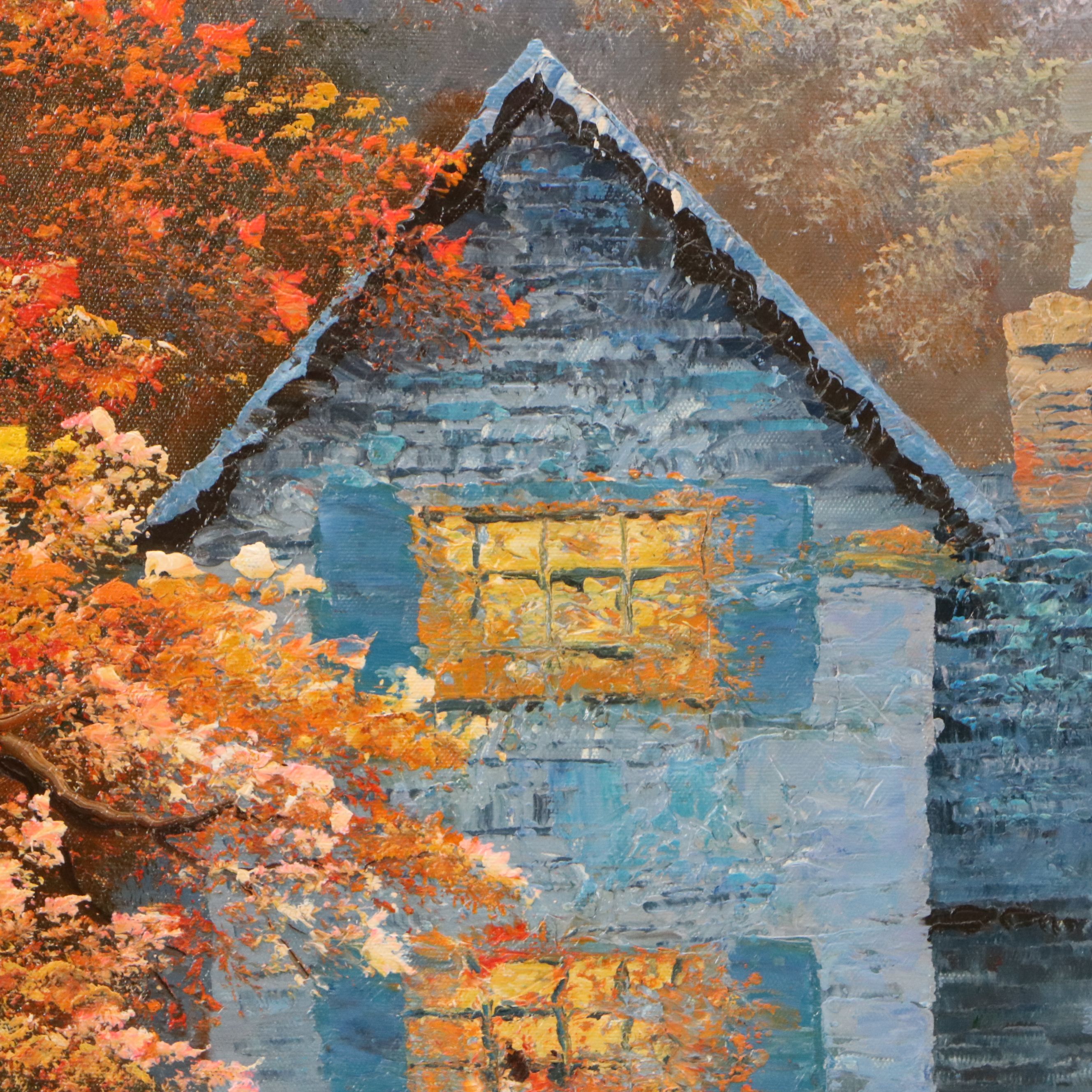 Oil Painting of Cozy Woodland Cottage, 21st Century