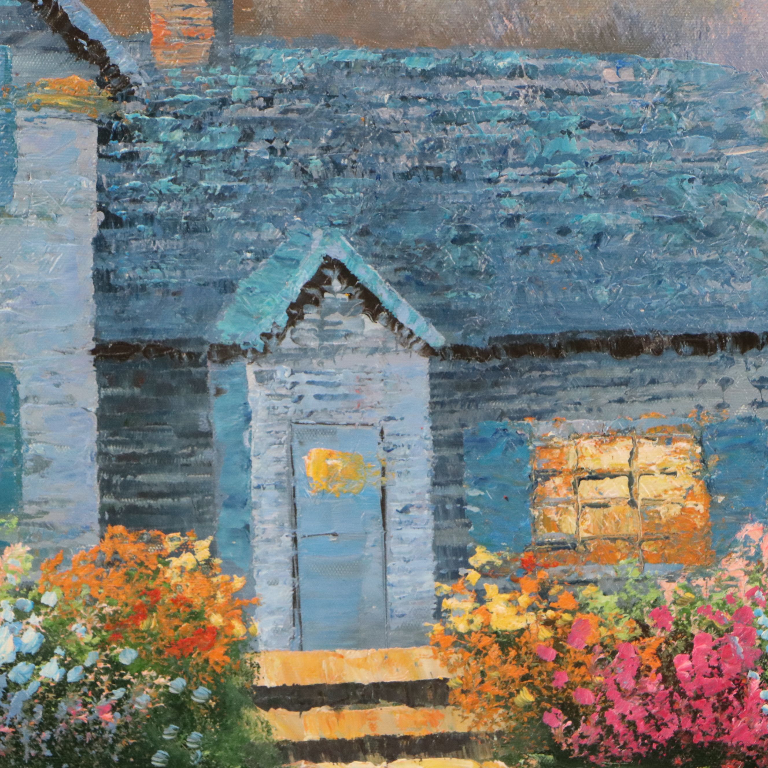 Oil Painting of Cozy Woodland Cottage, 21st Century