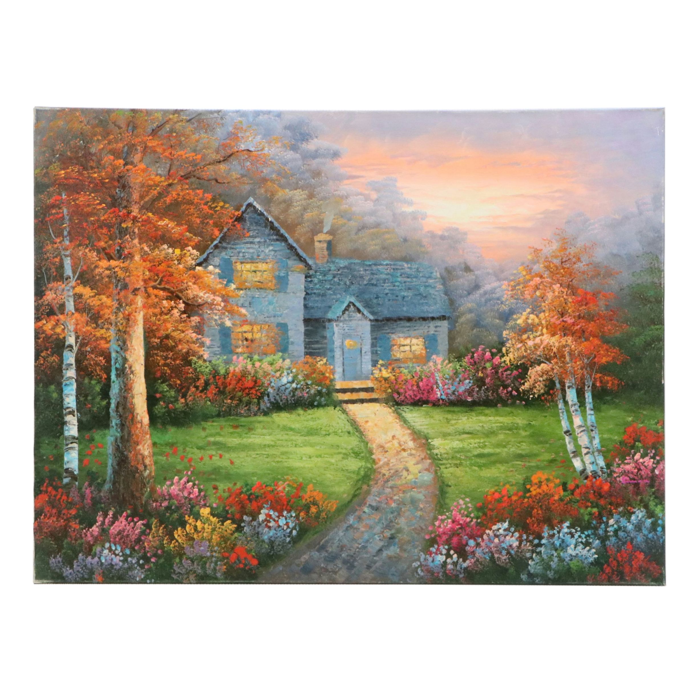 Oil Painting of Cozy Woodland Cottage, 21st Century