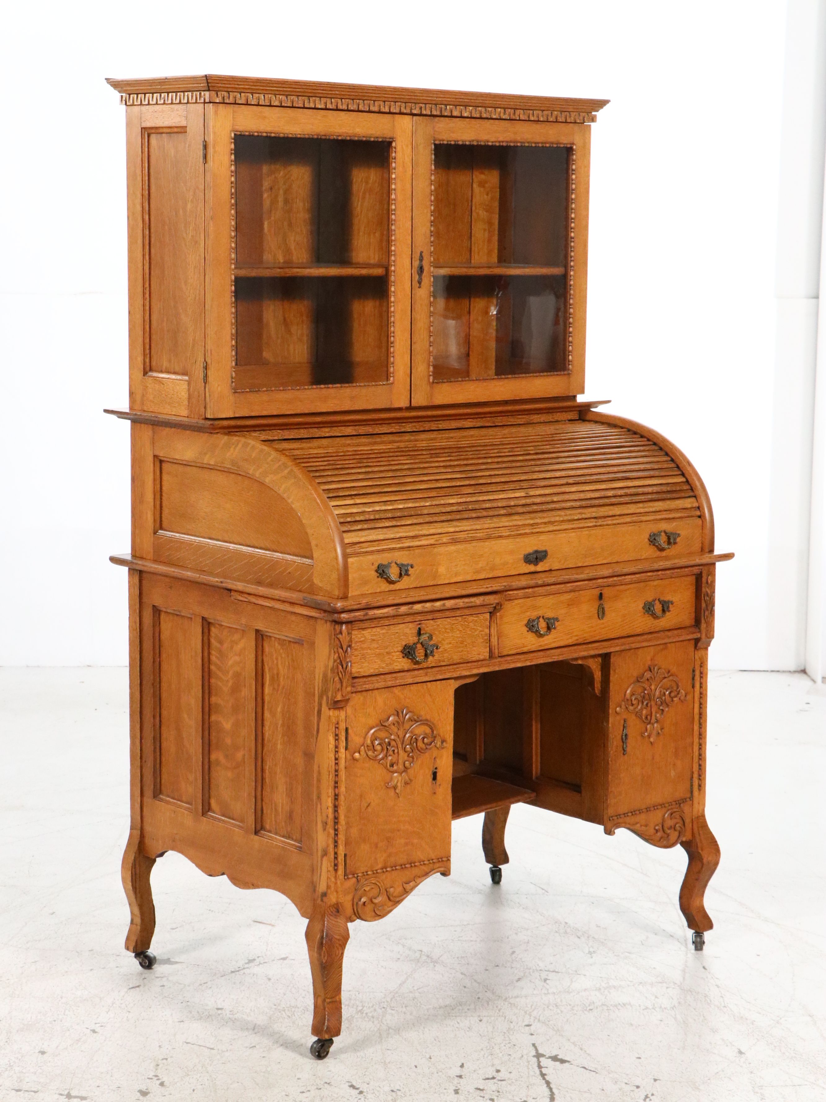 Macey Late Victorian Style Quartersawn Oak Roll-Top Secretary Desk