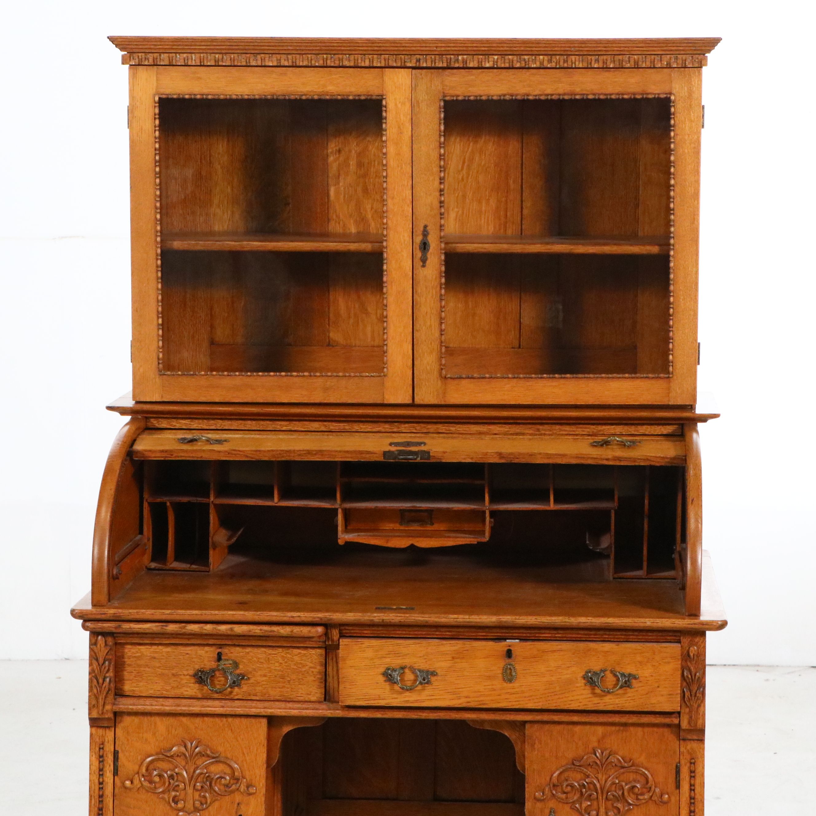 Macey Late Victorian Style Quartersawn Oak Roll-Top Secretary Desk