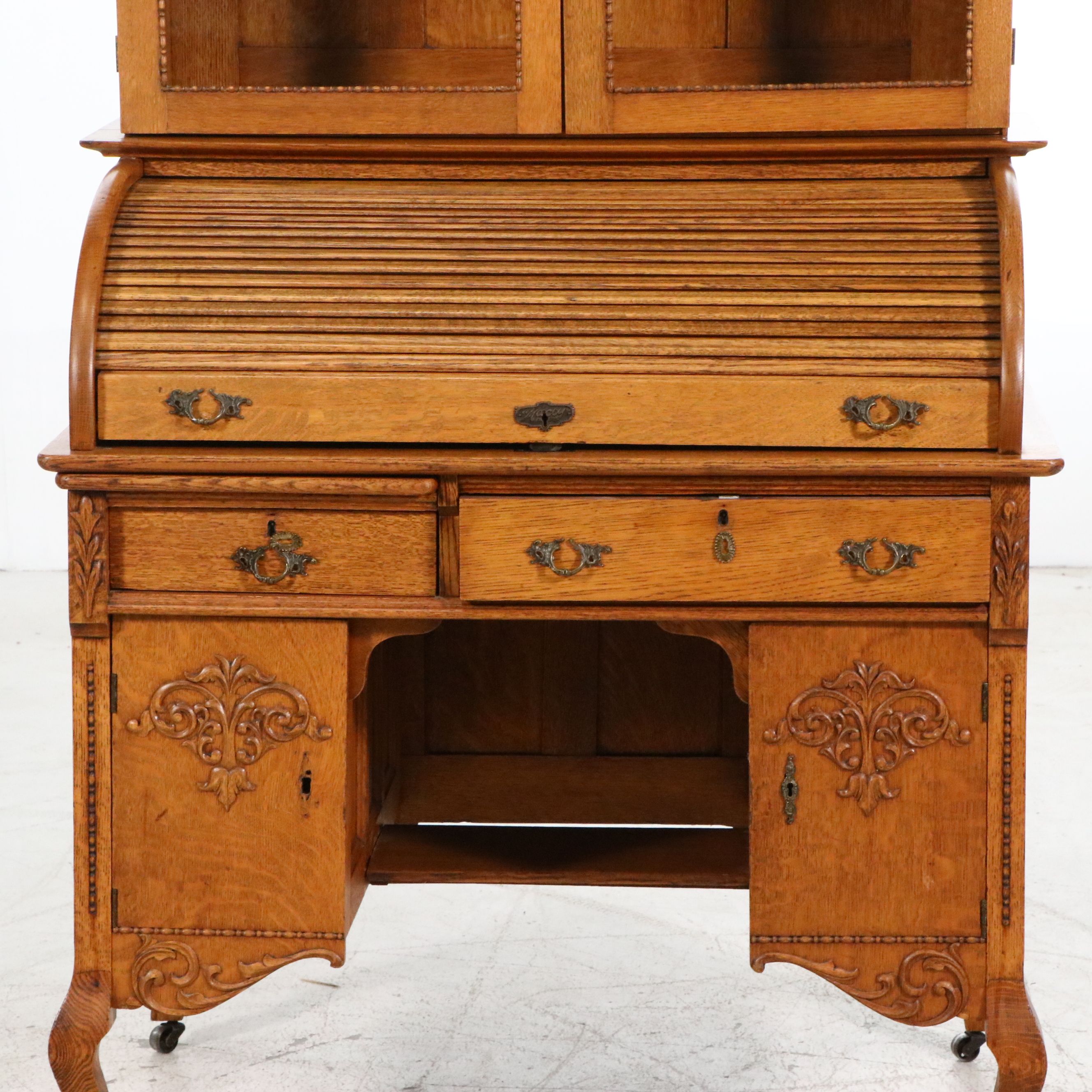 Macey Late Victorian Style Quartersawn Oak Roll-Top Secretary Desk