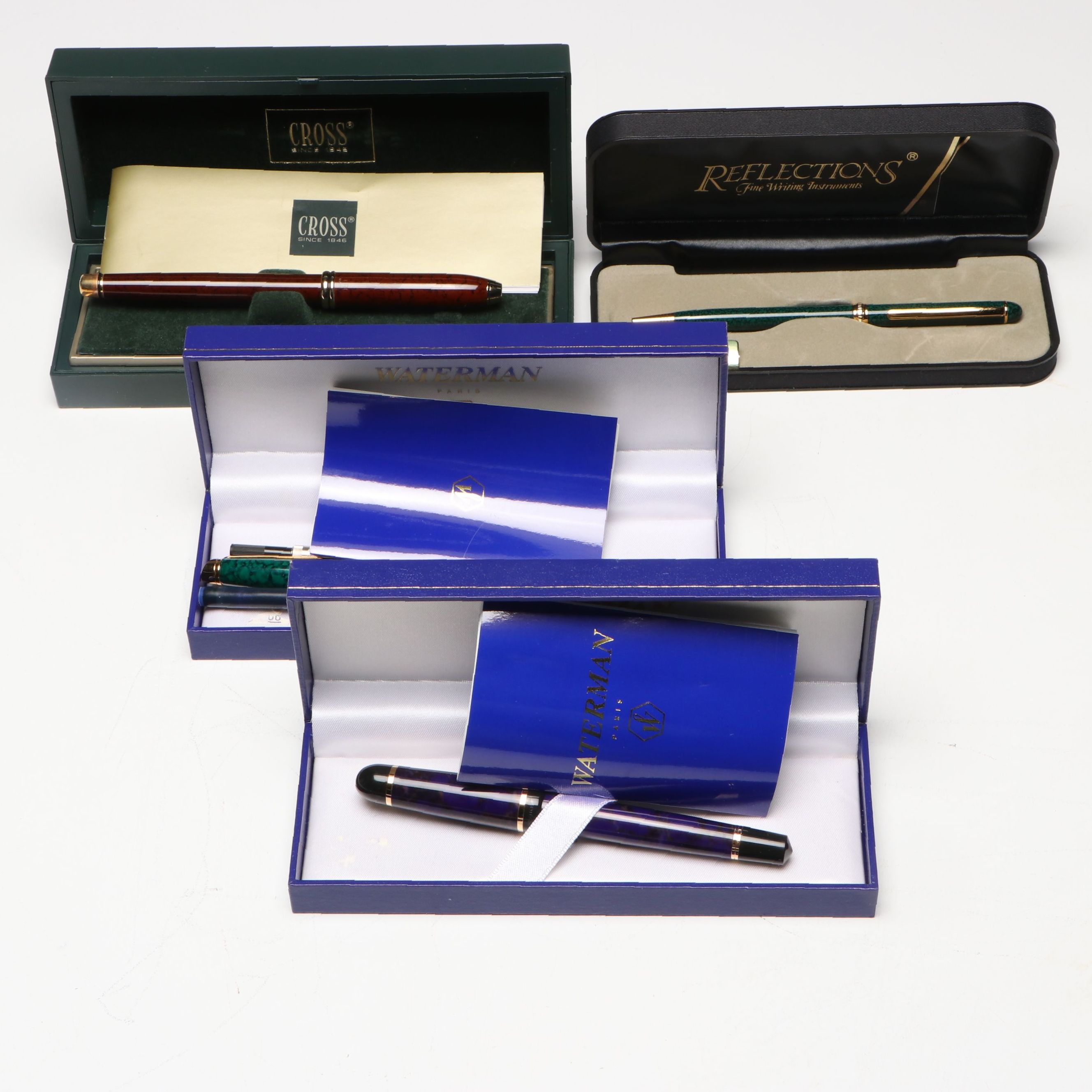 Cross, Reflections and Waterman Enameled Metal Pens with Cases