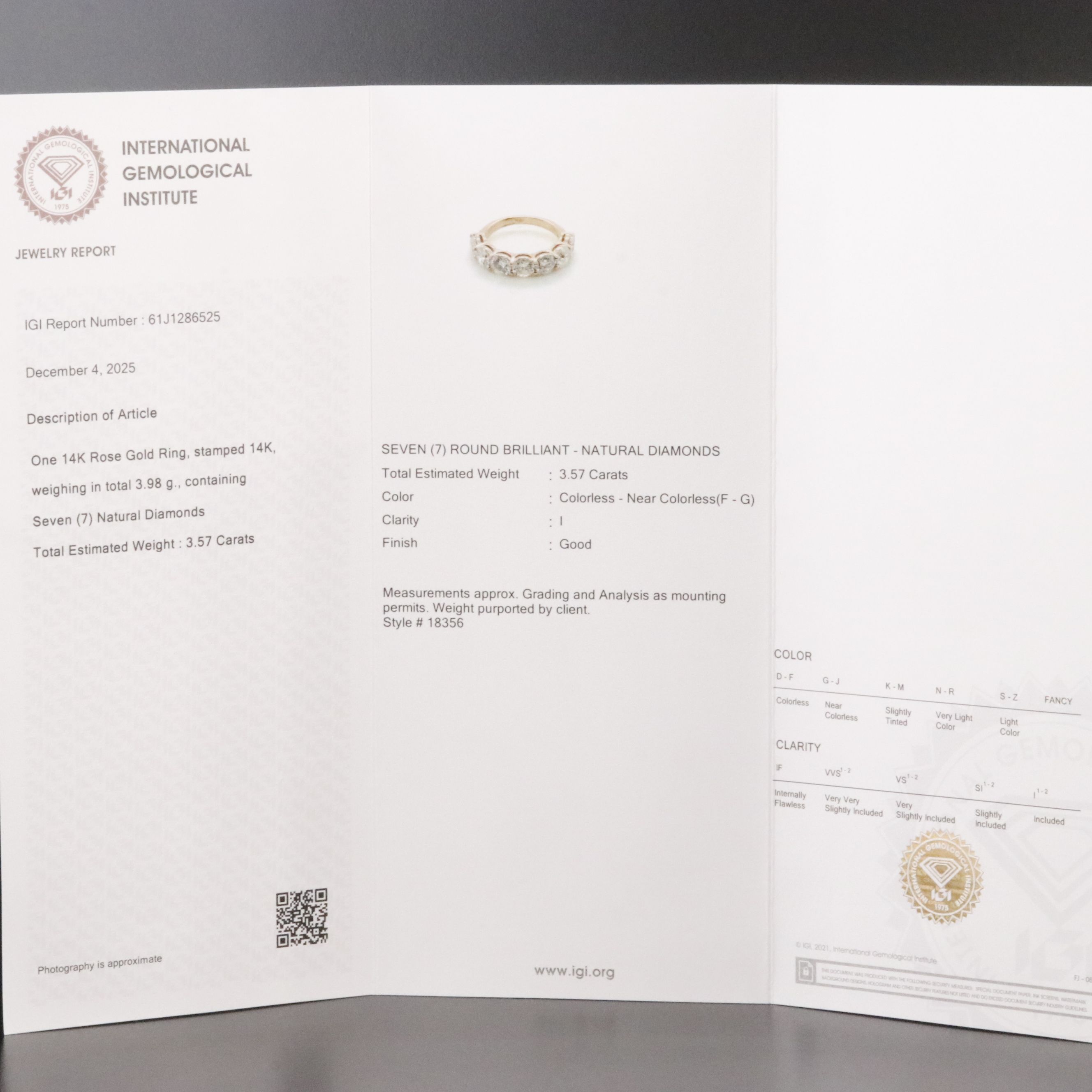 14K Rose Gold 3.57 CTW Diamond Ring with IGI Jewelry  Report