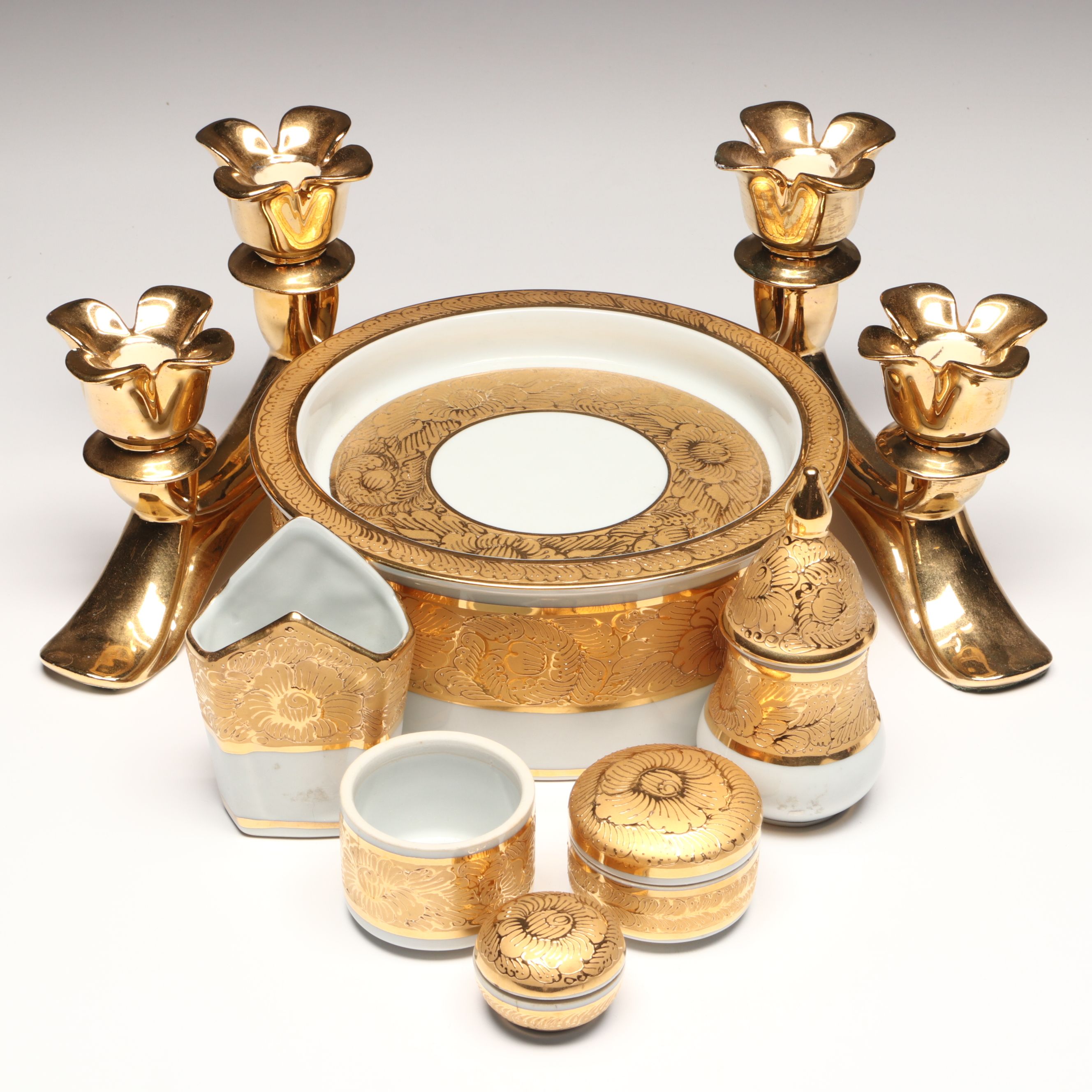 Gilt Decorated Porcelain Vanity Boxes, Candle Holders, and More Décor