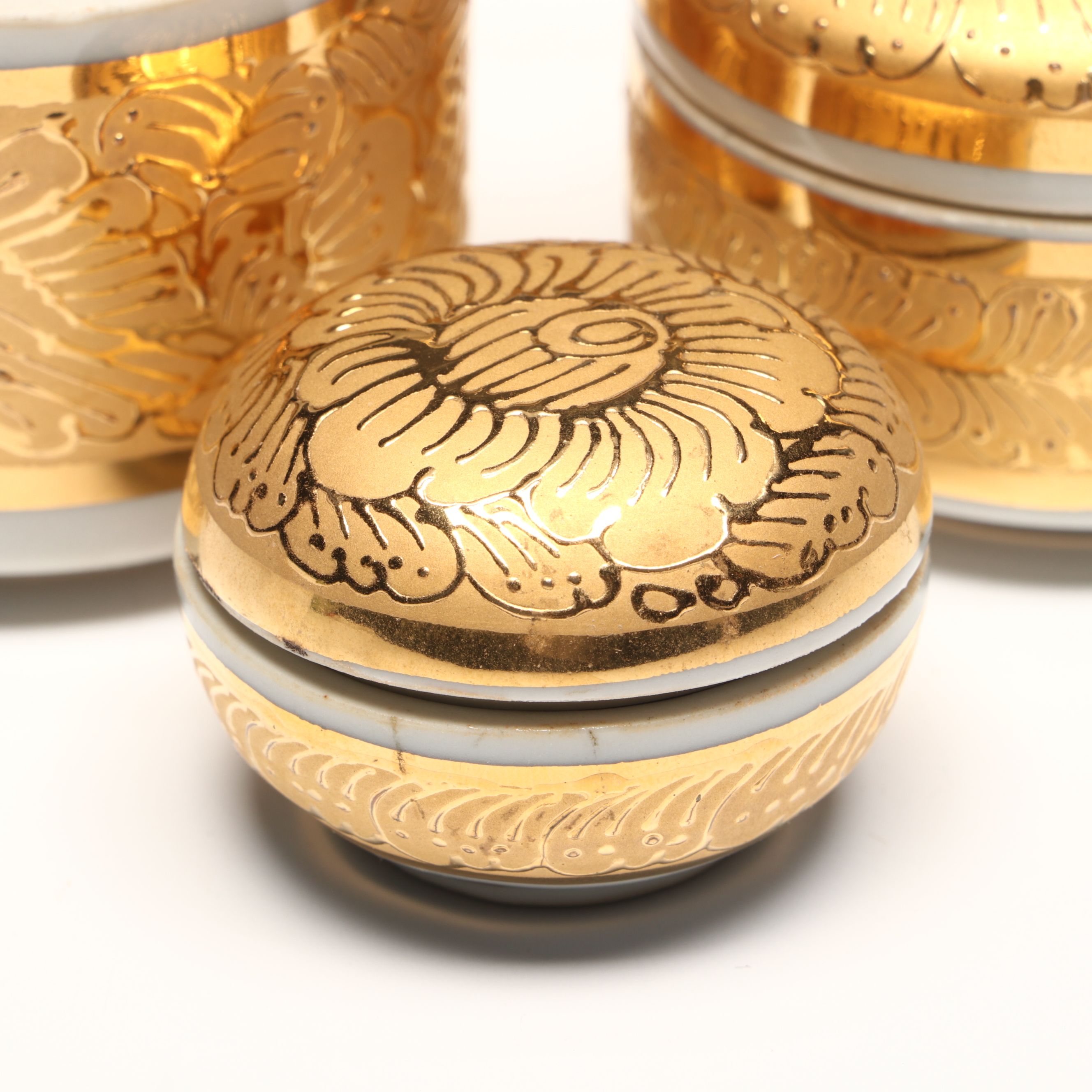 Gilt Decorated Porcelain Vanity Boxes, Candle Holders, and More Décor