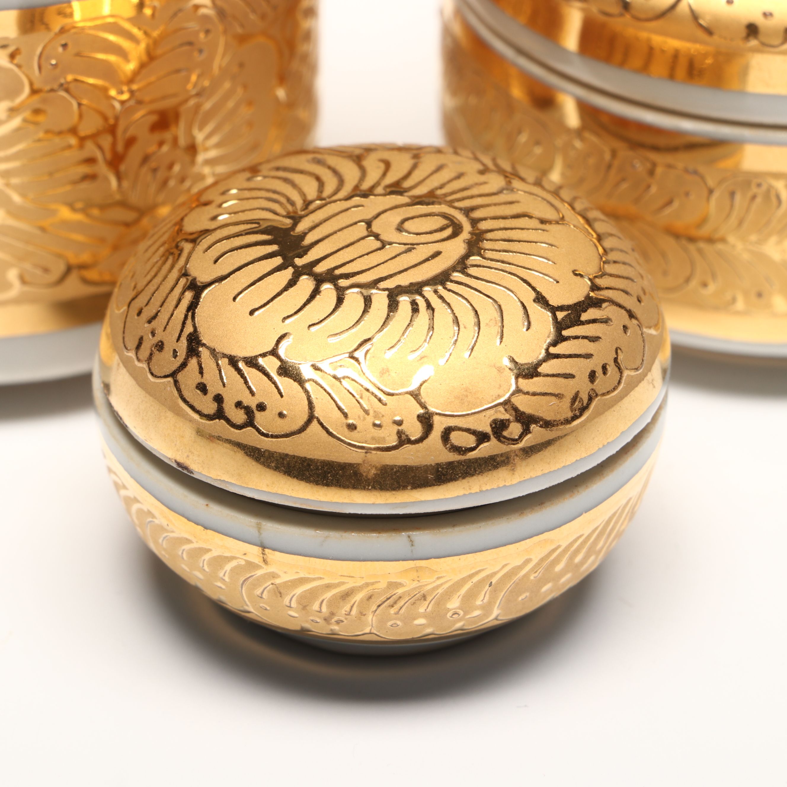 Gilt Decorated Porcelain Vanity Boxes, Candle Holders, and More Décor