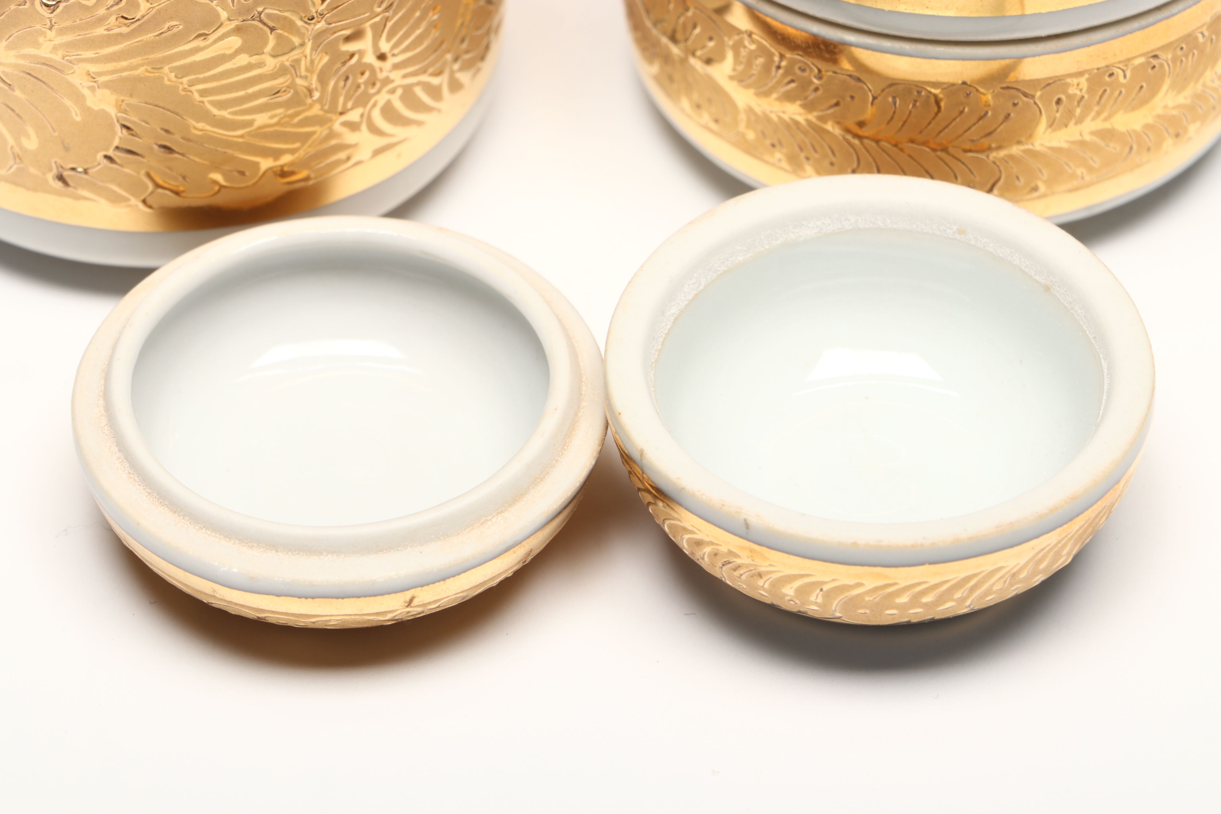 Gilt Decorated Porcelain Vanity Boxes, Candle Holders, and More Décor
