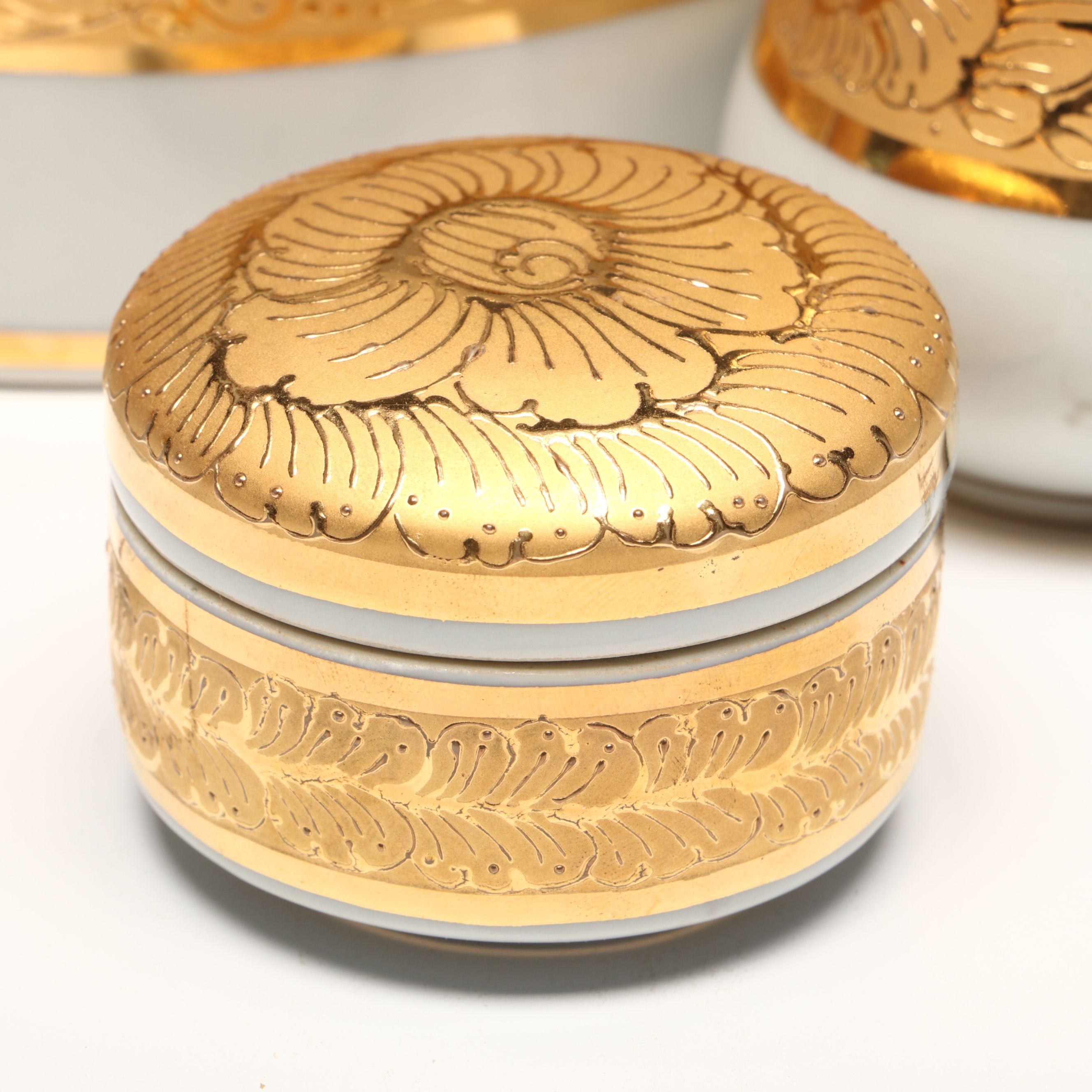 Gilt Decorated Porcelain Vanity Boxes, Candle Holders, and More Décor