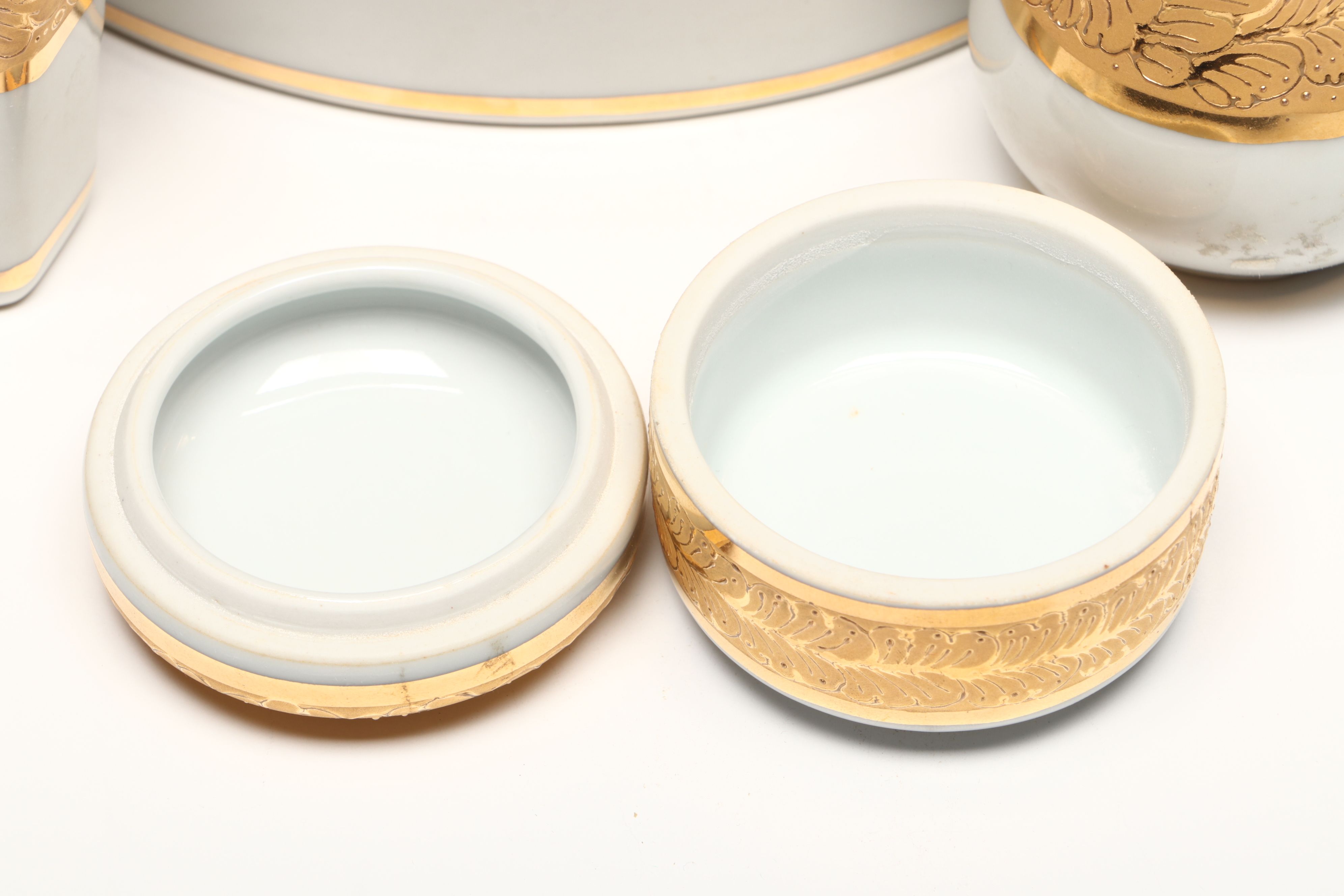 Gilt Decorated Porcelain Vanity Boxes, Candle Holders, and More Décor