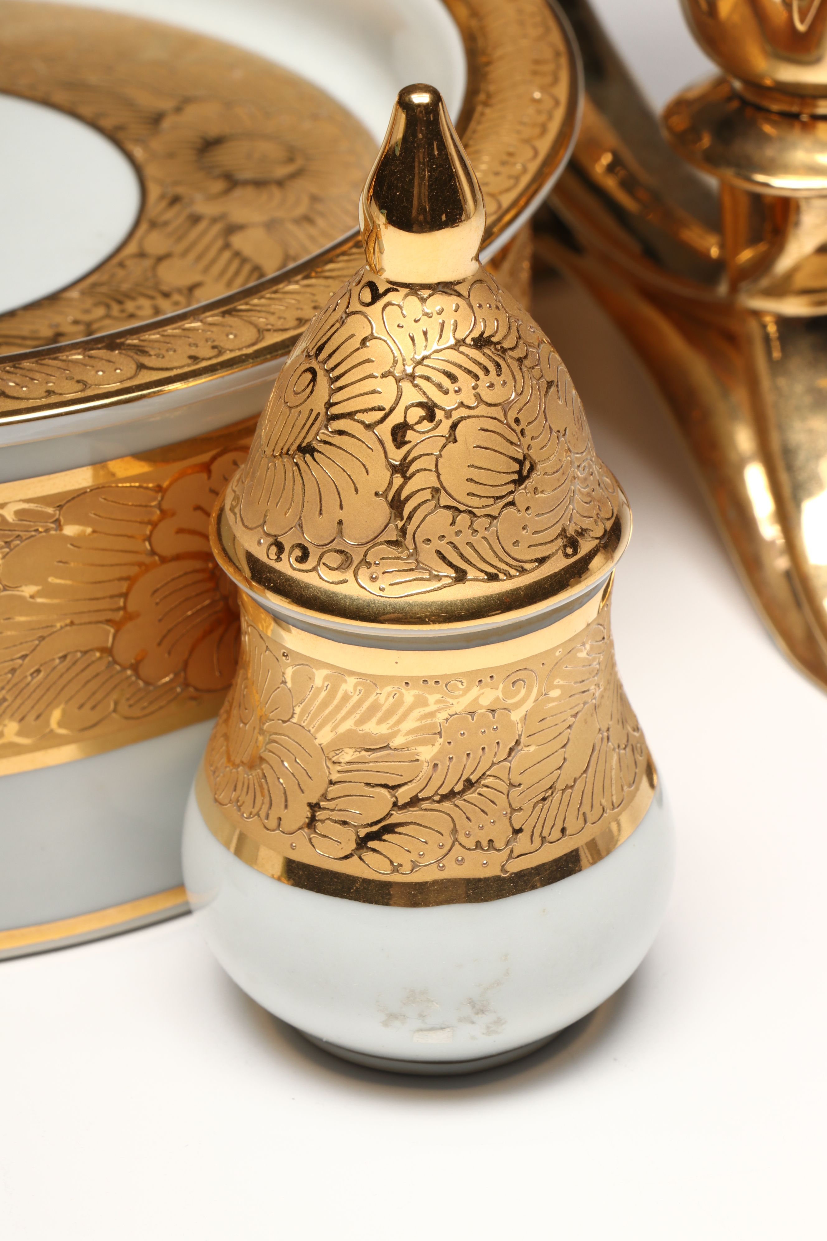 Gilt Decorated Porcelain Vanity Boxes, Candle Holders, and More Décor