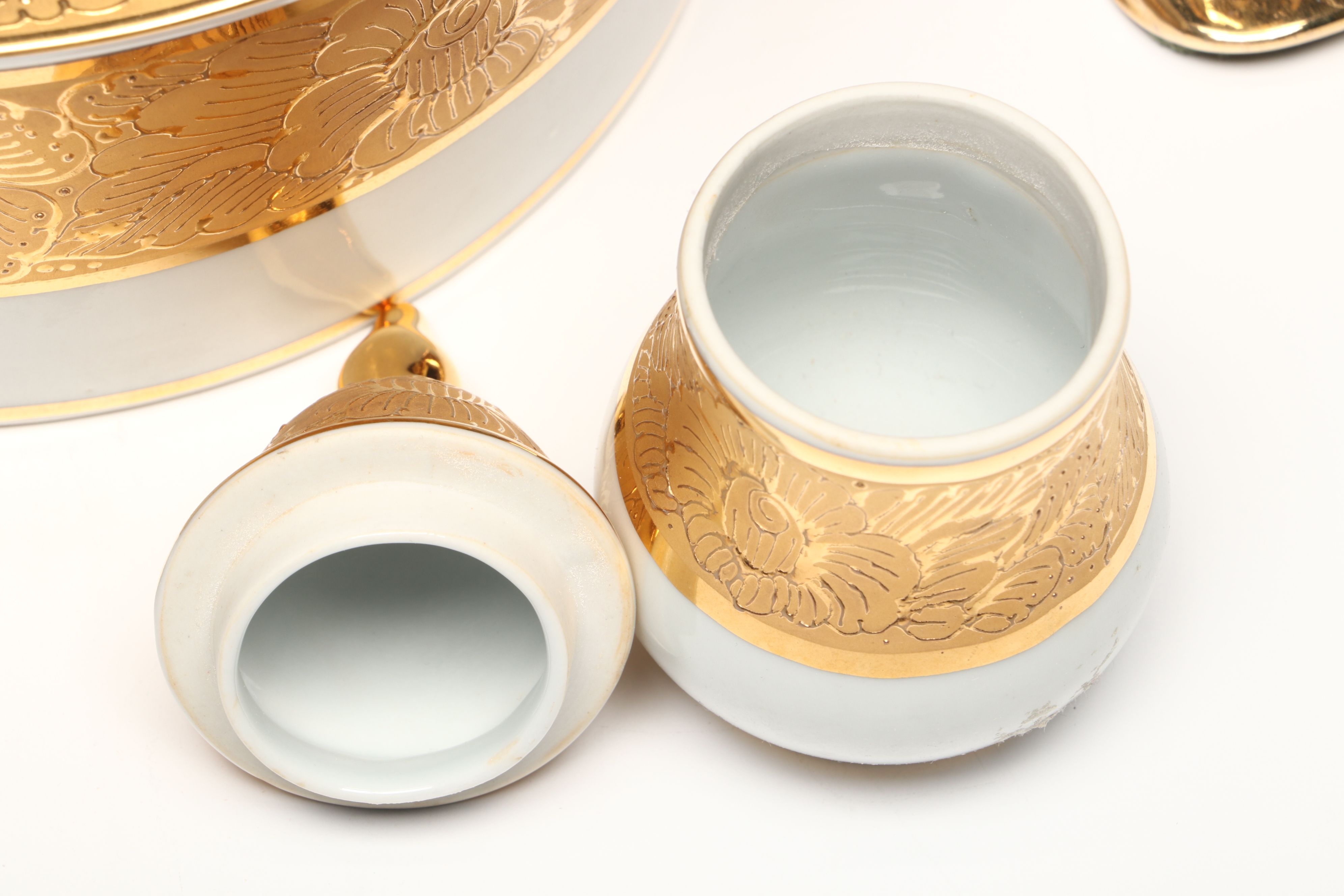 Gilt Decorated Porcelain Vanity Boxes, Candle Holders, and More Décor