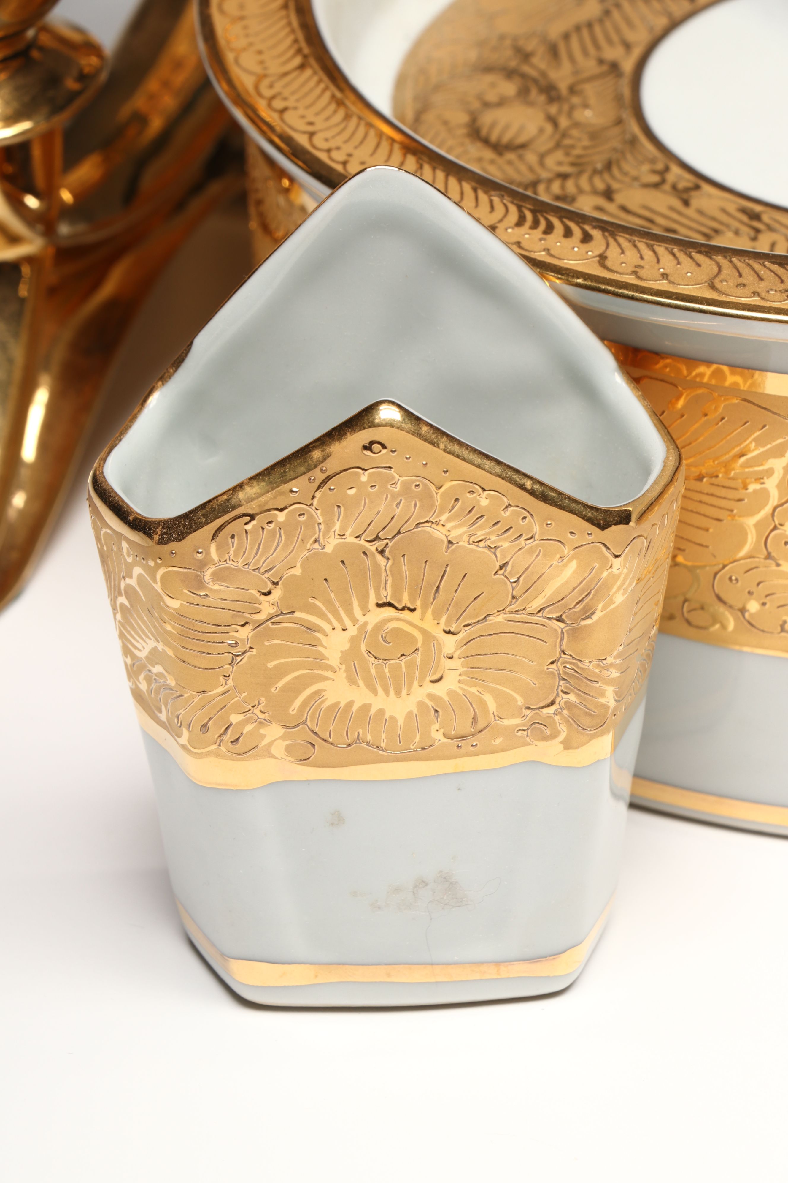 Gilt Decorated Porcelain Vanity Boxes, Candle Holders, and More Décor