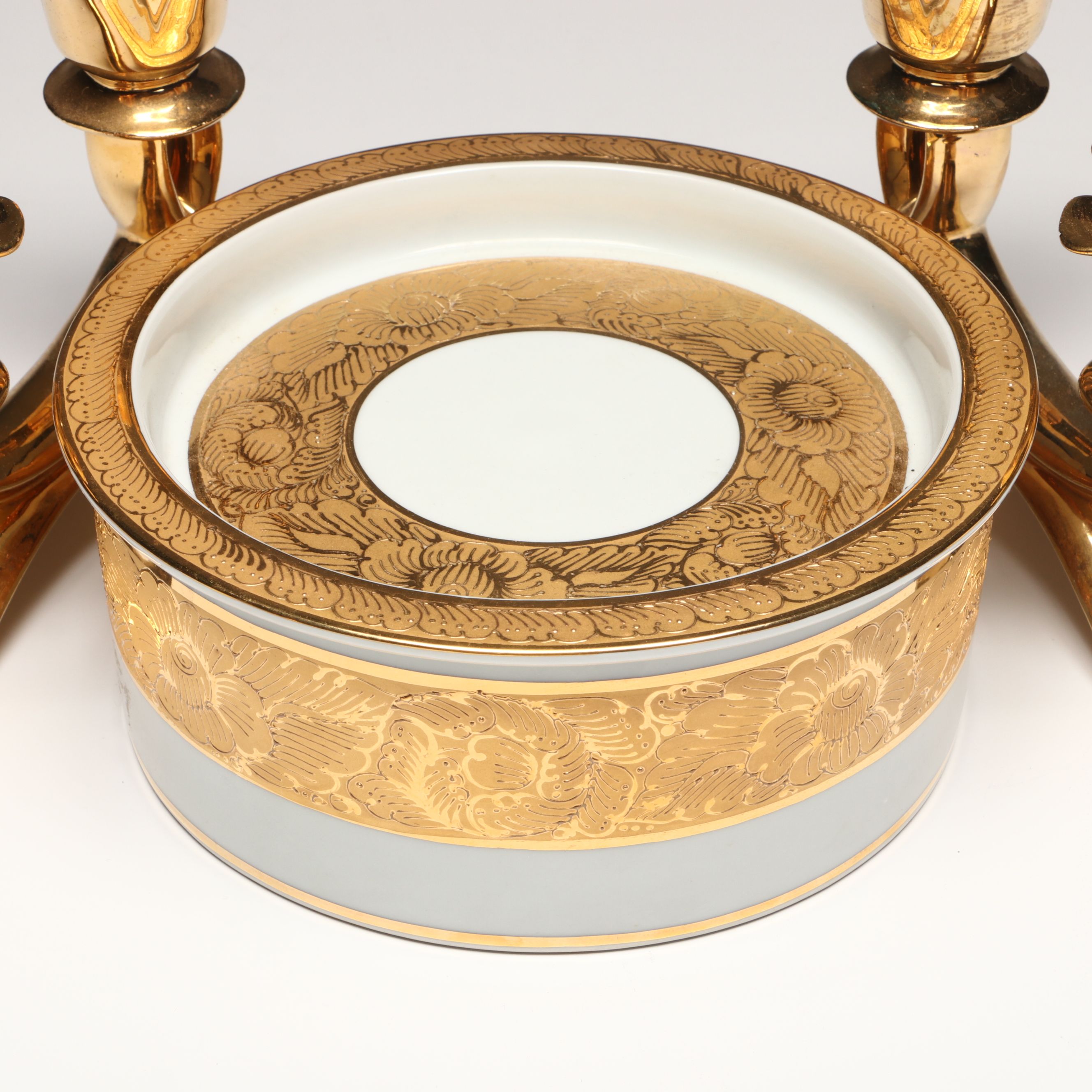 Gilt Decorated Porcelain Vanity Boxes, Candle Holders, and More Décor