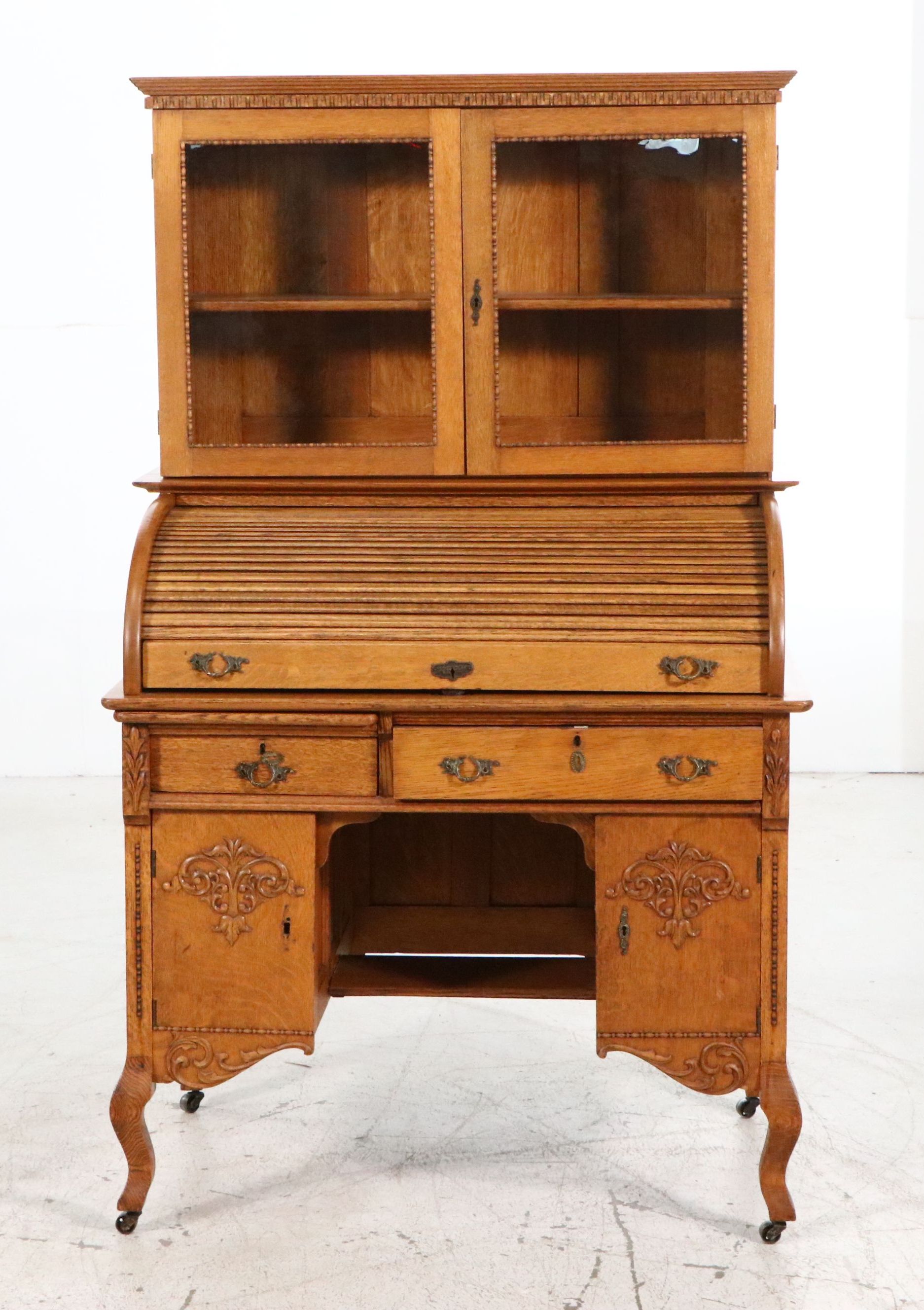 Macey Late Victorian Style Quartersawn Oak Roll-Top Secretary Desk