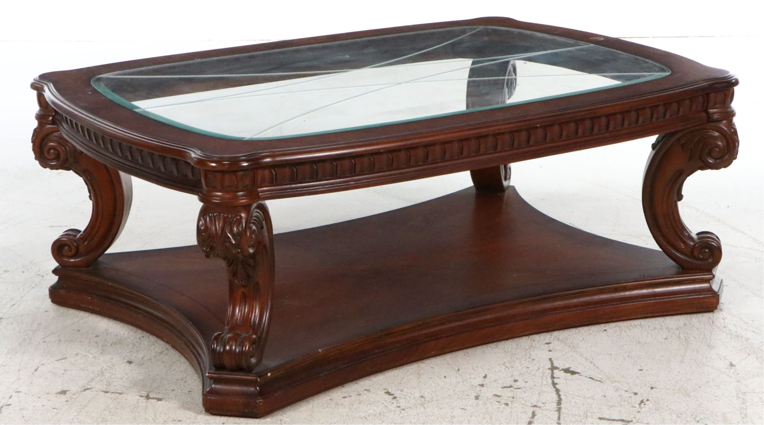 Ornate Rococo Style Mahogany Coffee Table with Beveled Glass Top