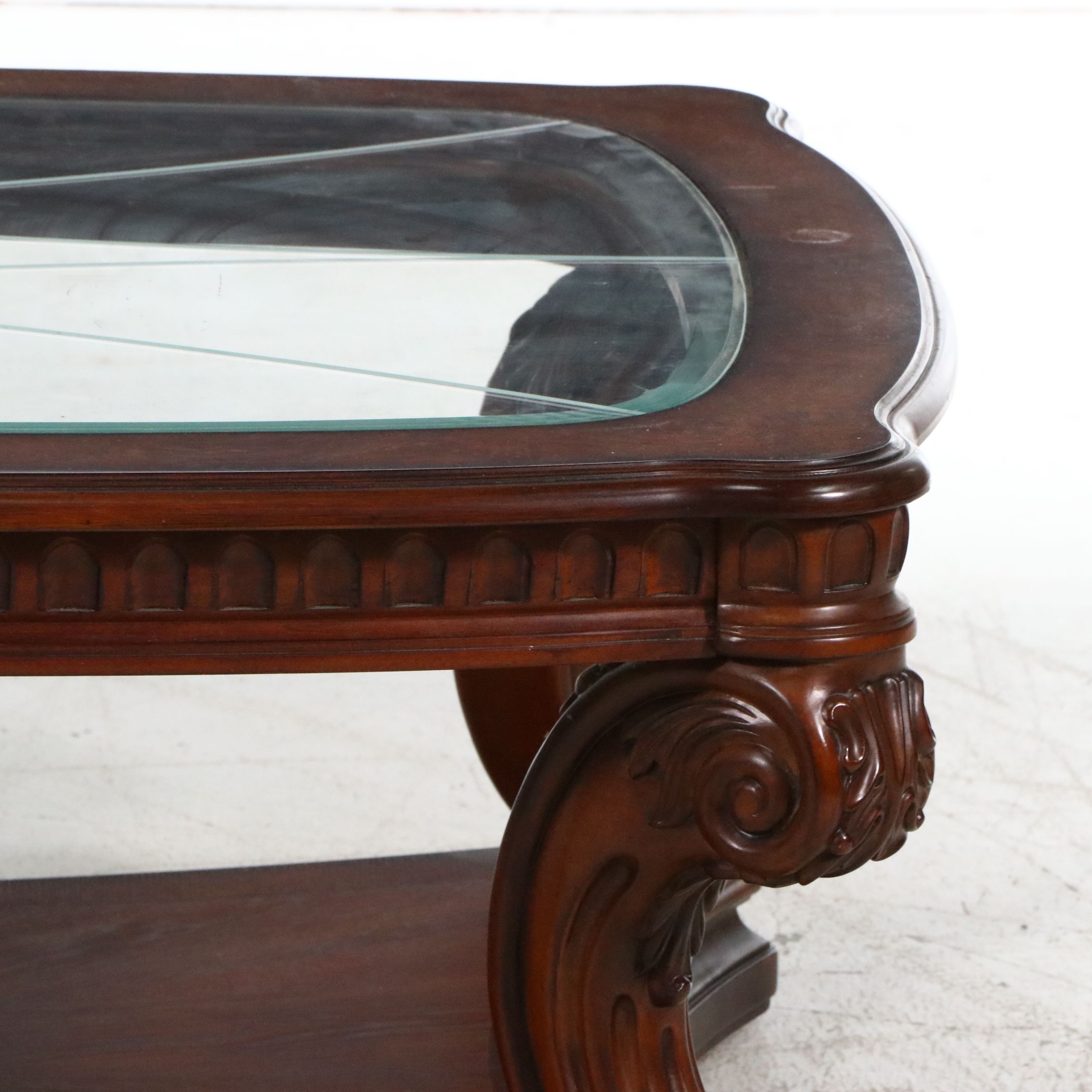 Ornate Rococo Style Mahogany Coffee Table with Beveled Glass Top