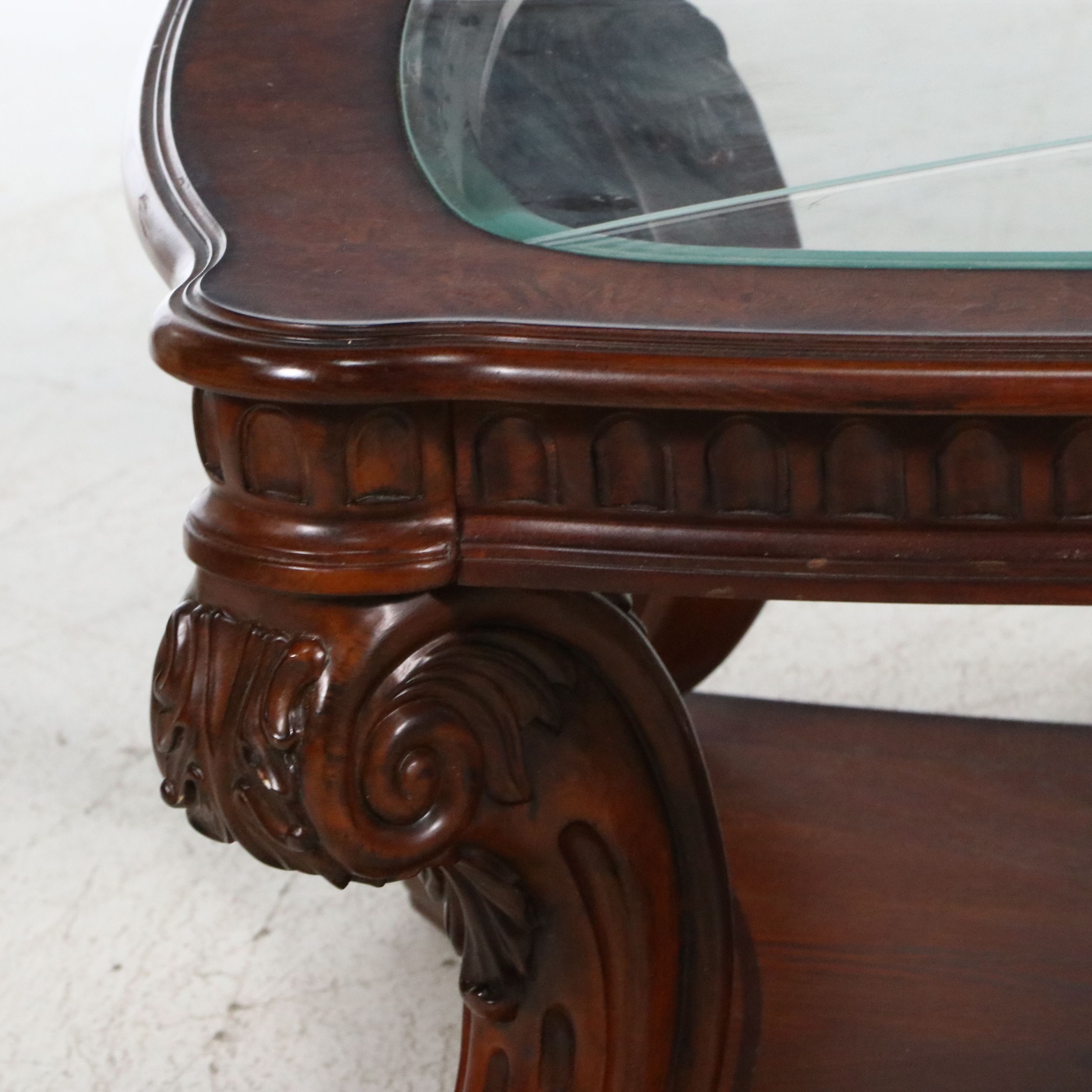 Ornate Rococo Style Mahogany Coffee Table with Beveled Glass Top