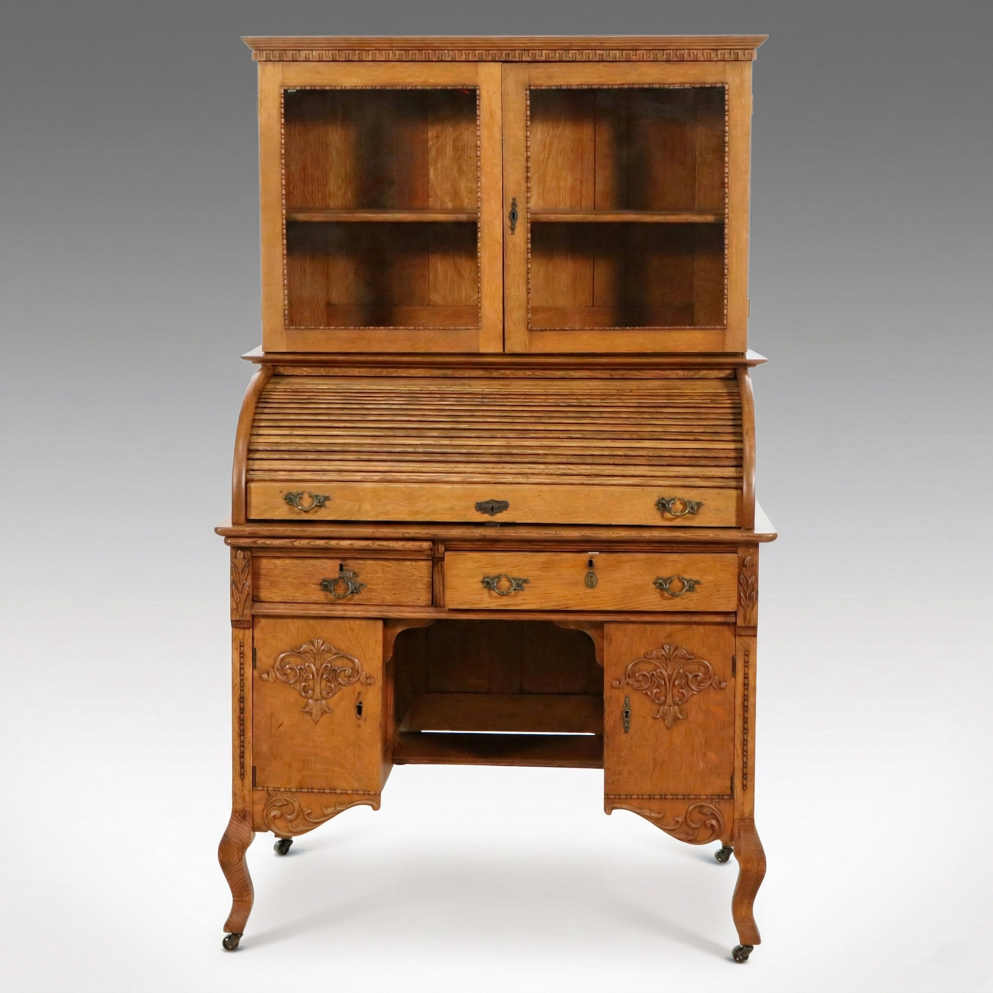 Macey Late Victorian Style Quartersawn Oak Roll-Top Secretary Desk