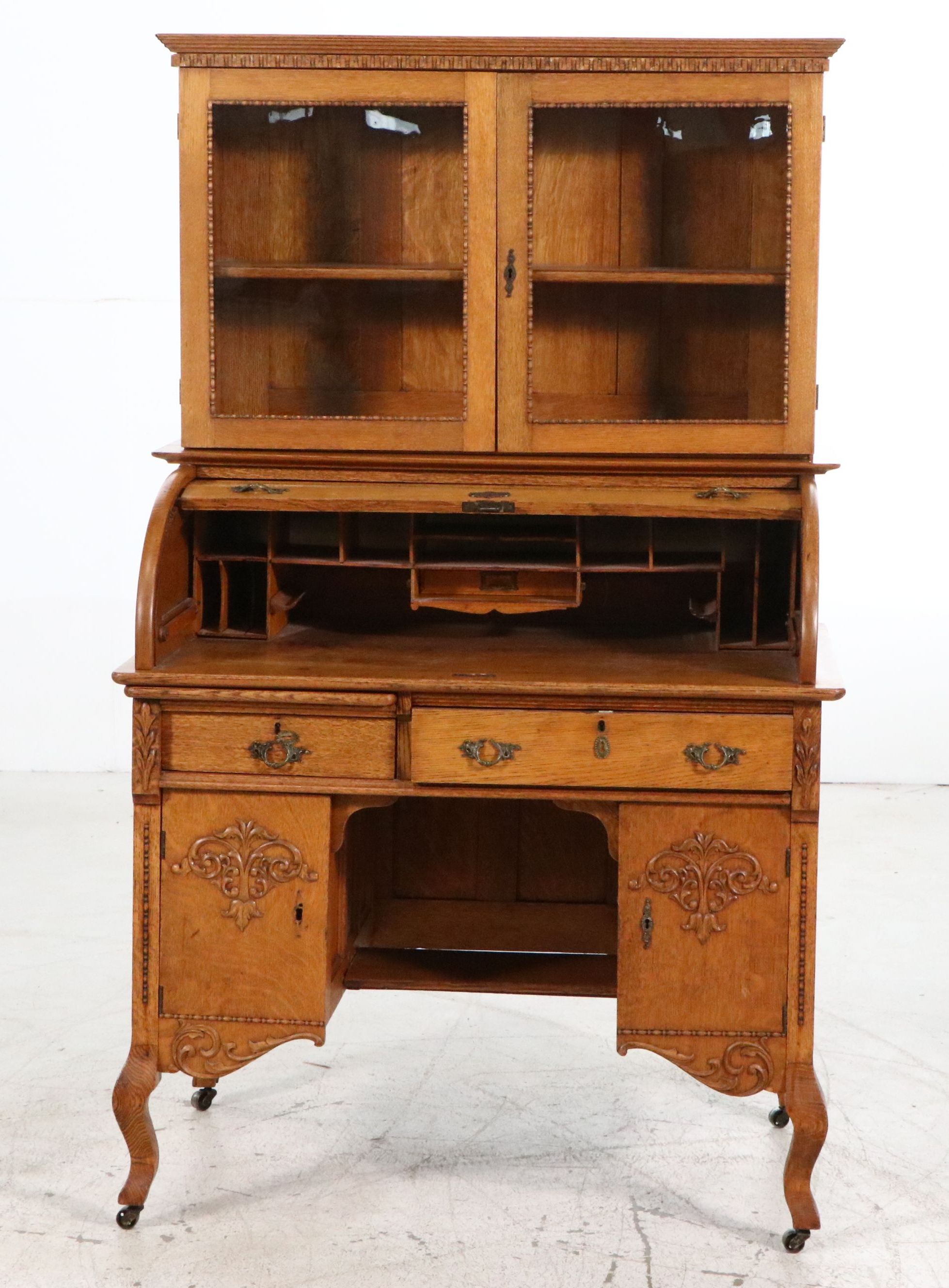 Macey Late Victorian Style Quartersawn Oak Roll-Top Secretary Desk