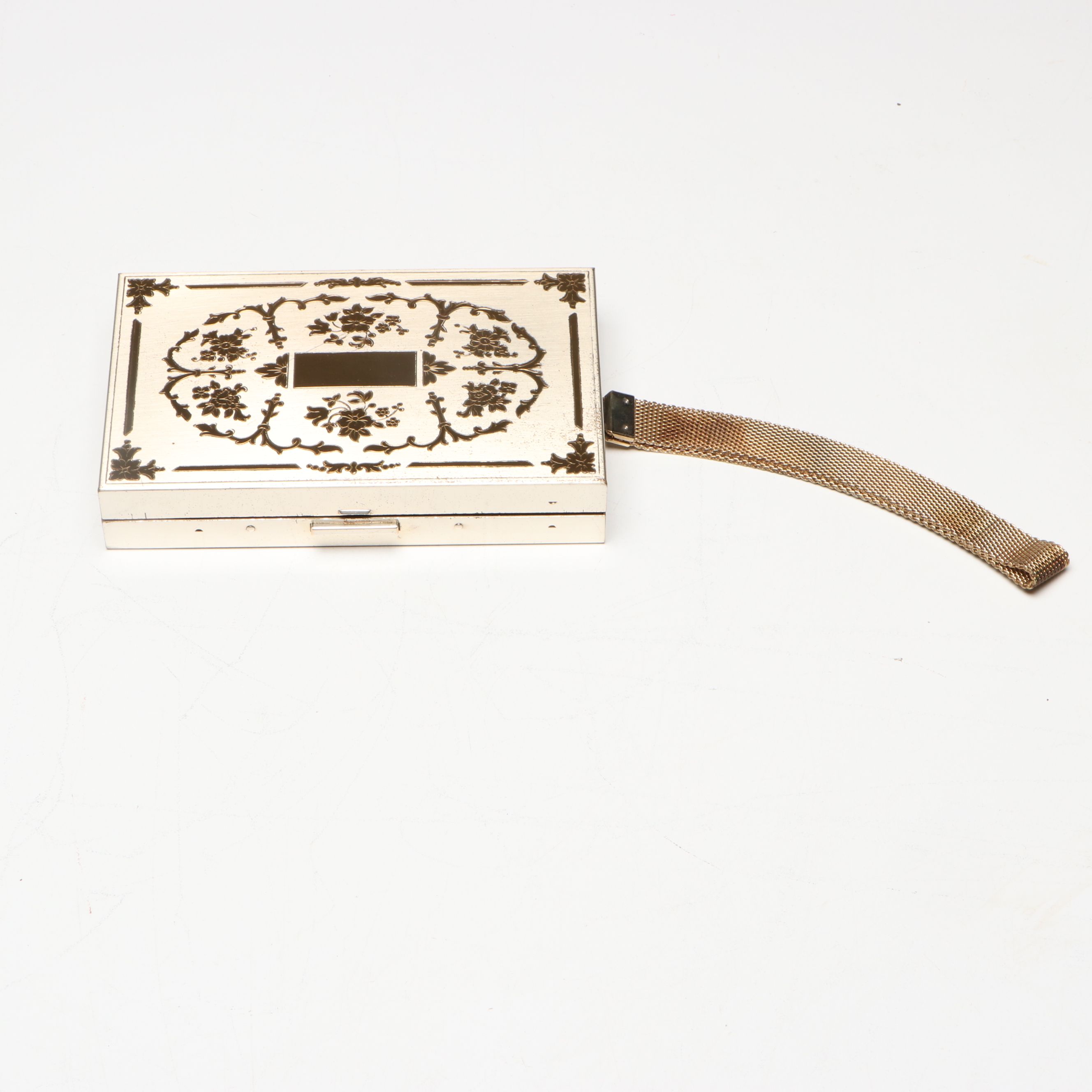 Floral Two Tone Metal Compact and Cigarette Case with Strap, 1950s