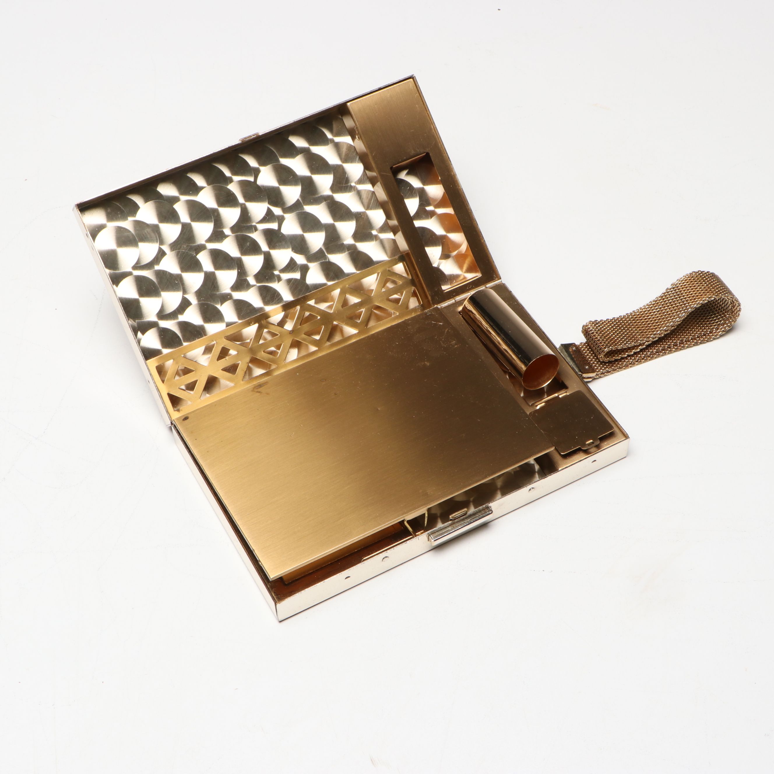 Floral Two Tone Metal Compact and Cigarette Case with Strap, 1950s