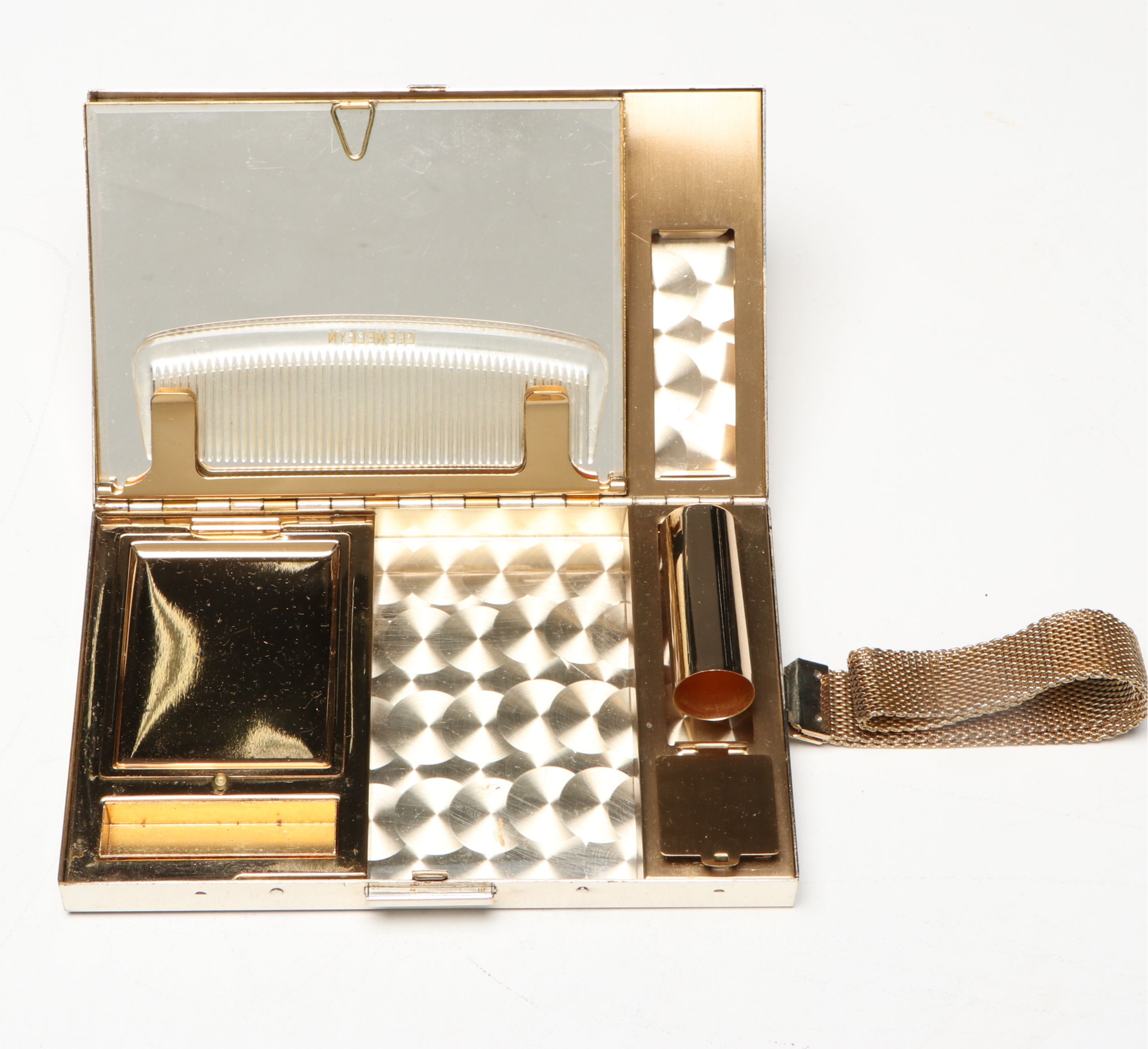 Floral Two Tone Metal Compact and Cigarette Case with Strap, 1950s