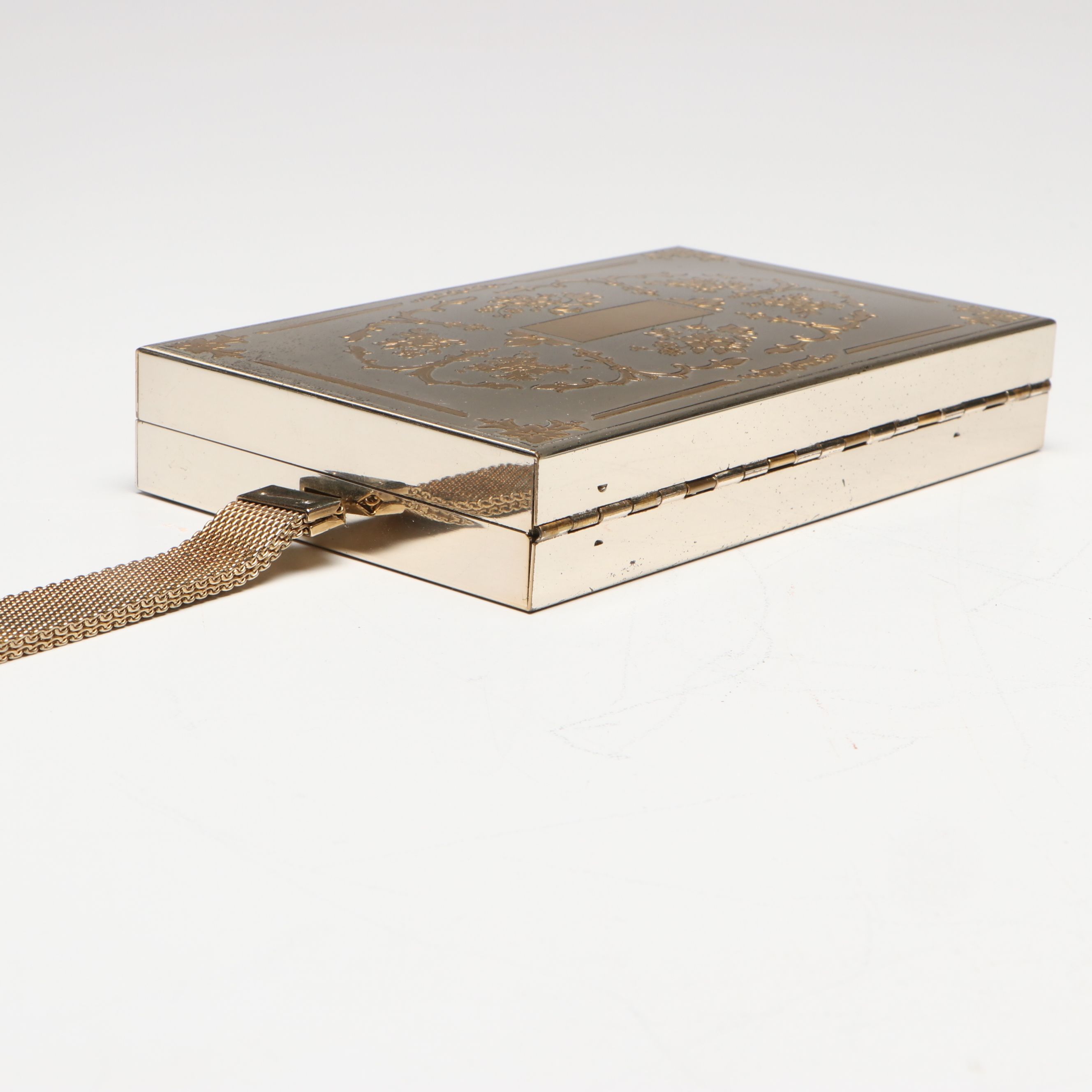 Floral Two Tone Metal Compact and Cigarette Case with Strap, 1950s