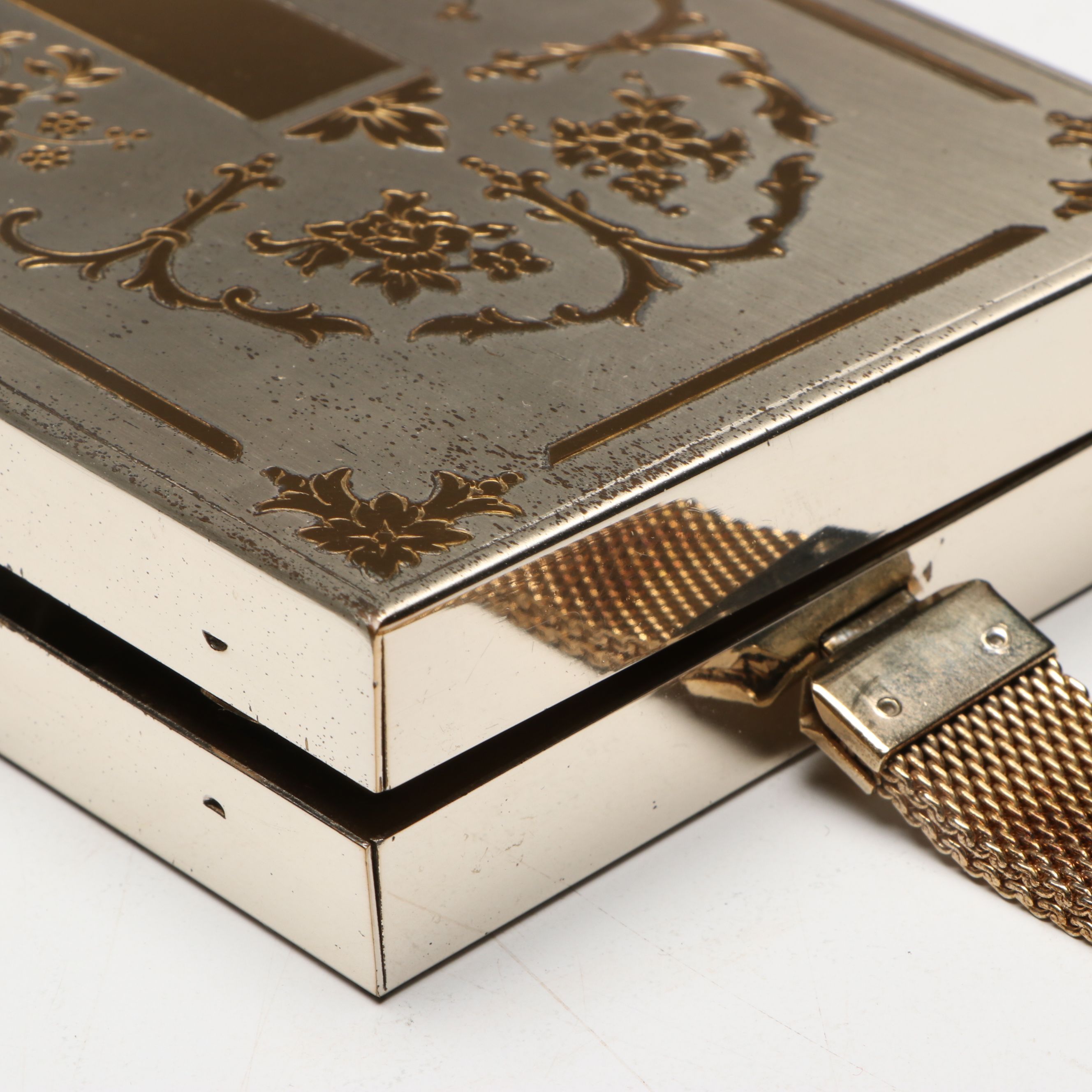 Floral Two Tone Metal Compact and Cigarette Case with Strap, 1950s