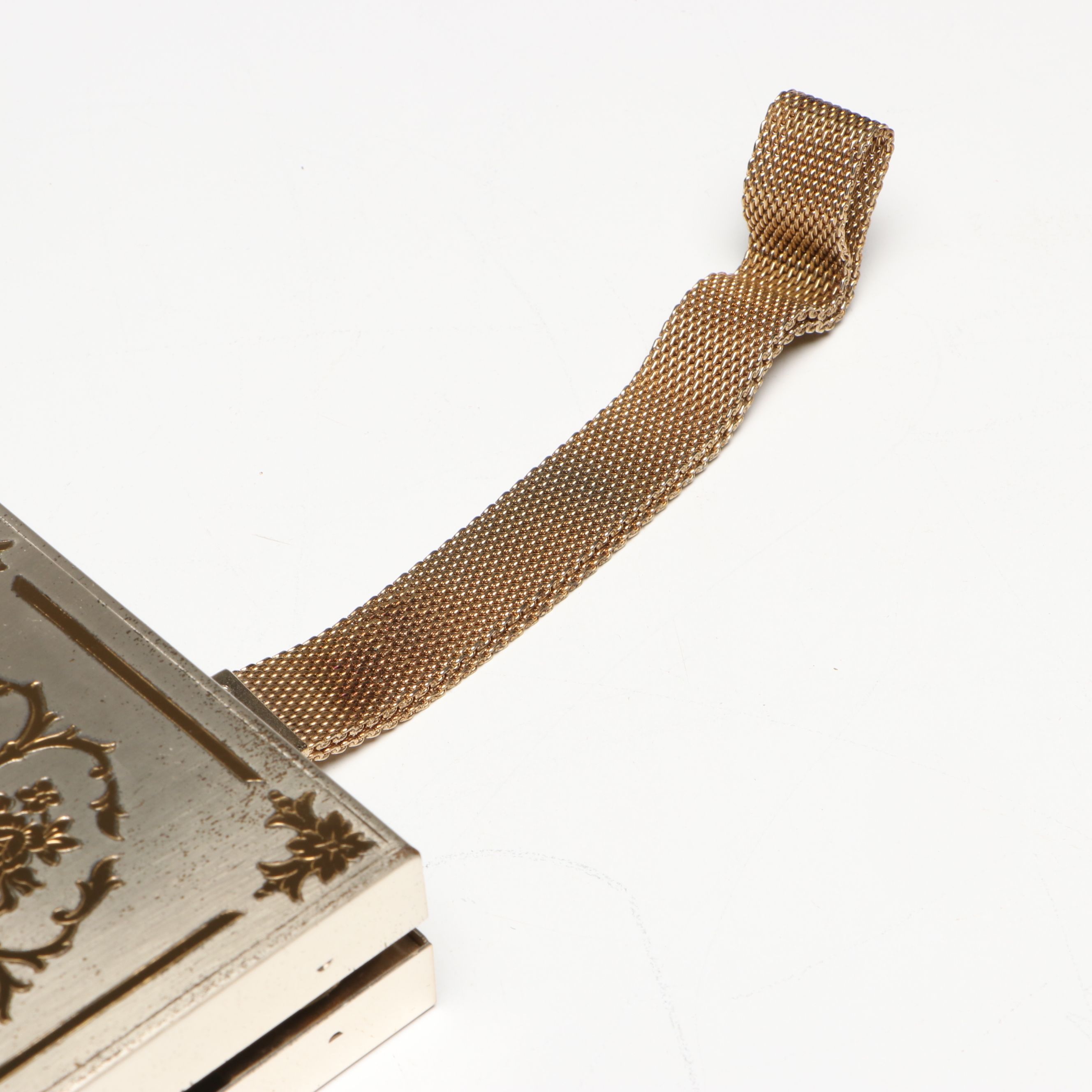 Floral Two Tone Metal Compact and Cigarette Case with Strap, 1950s