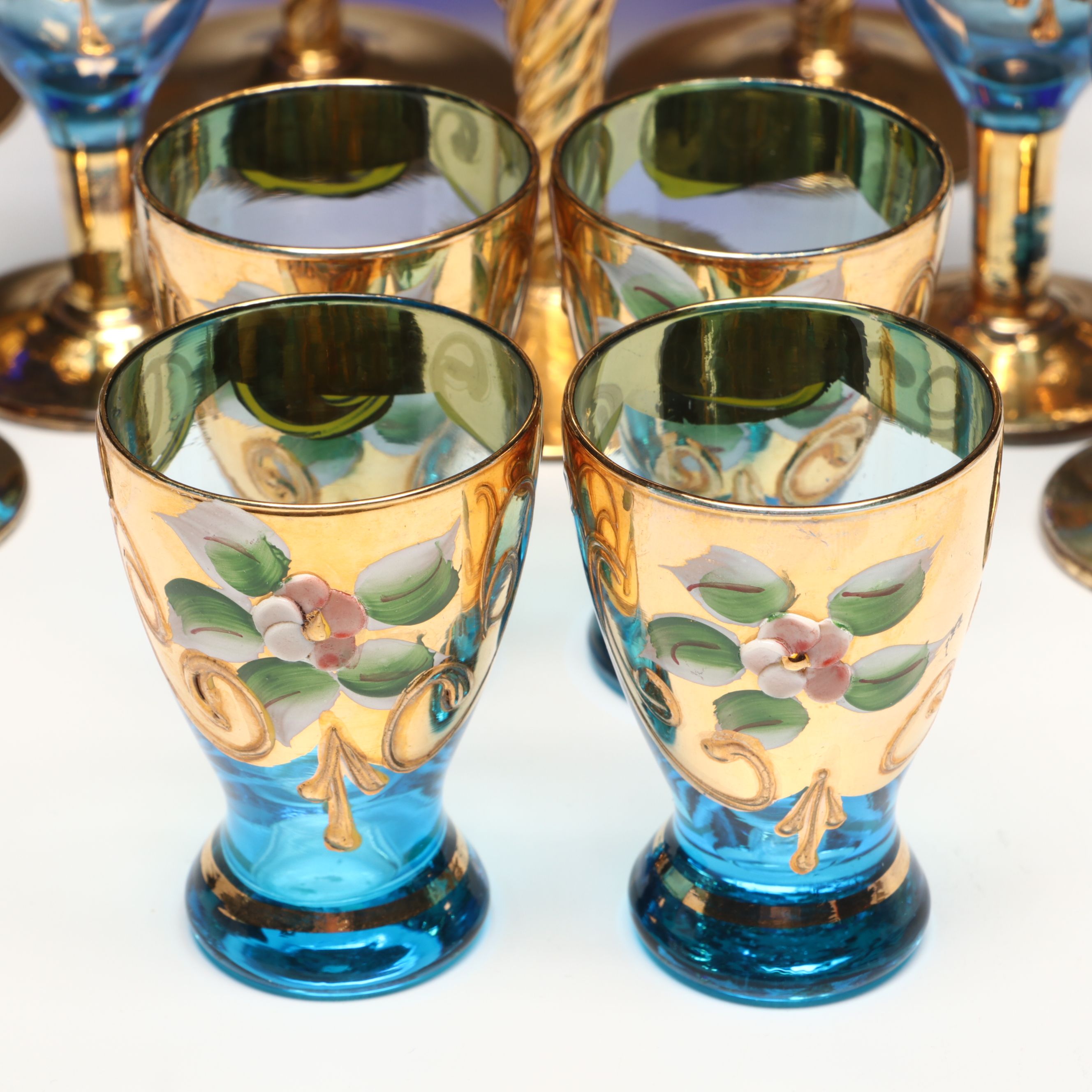 Gilt Decorated Blue Glass Stemware
