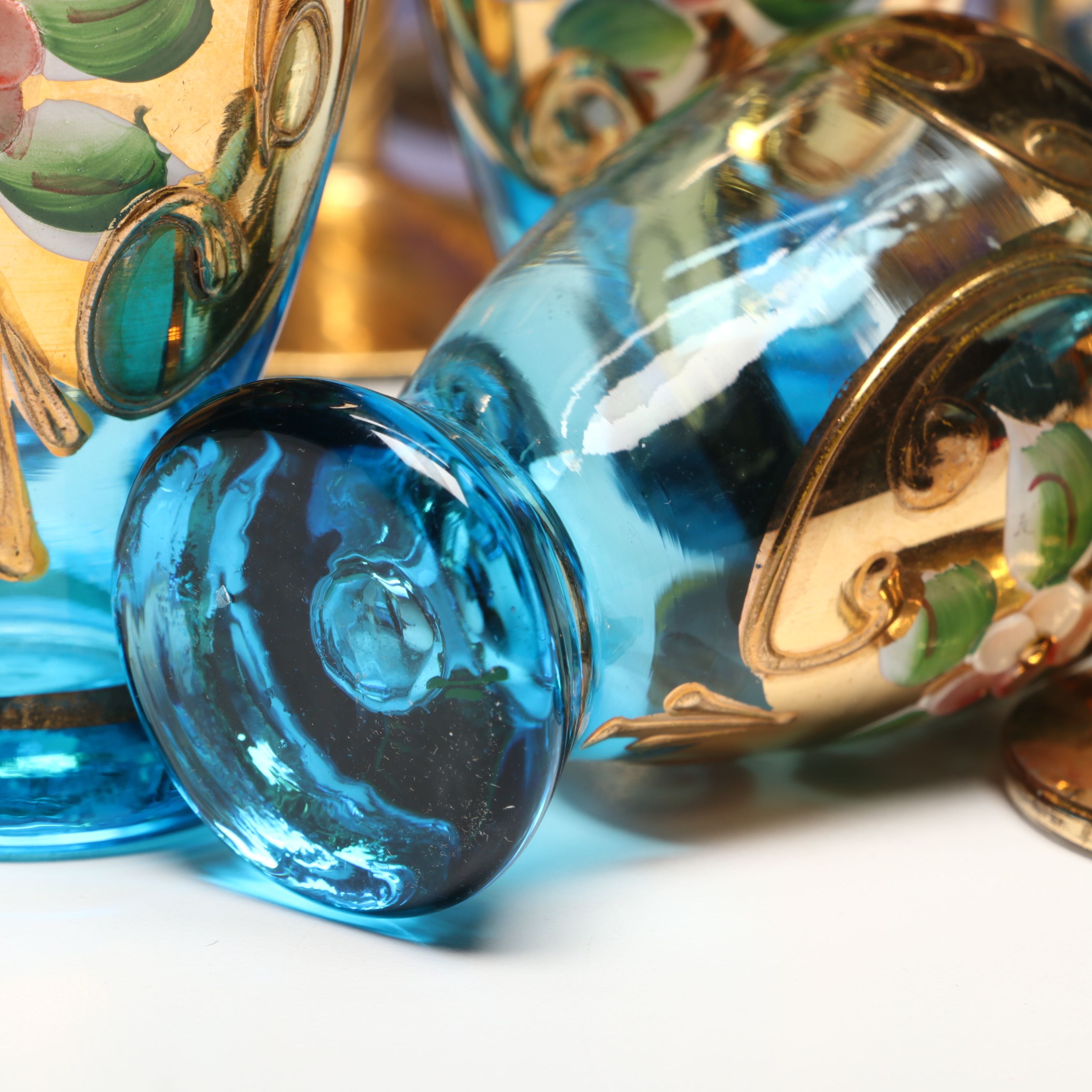 Gilt Decorated Blue Glass Stemware
